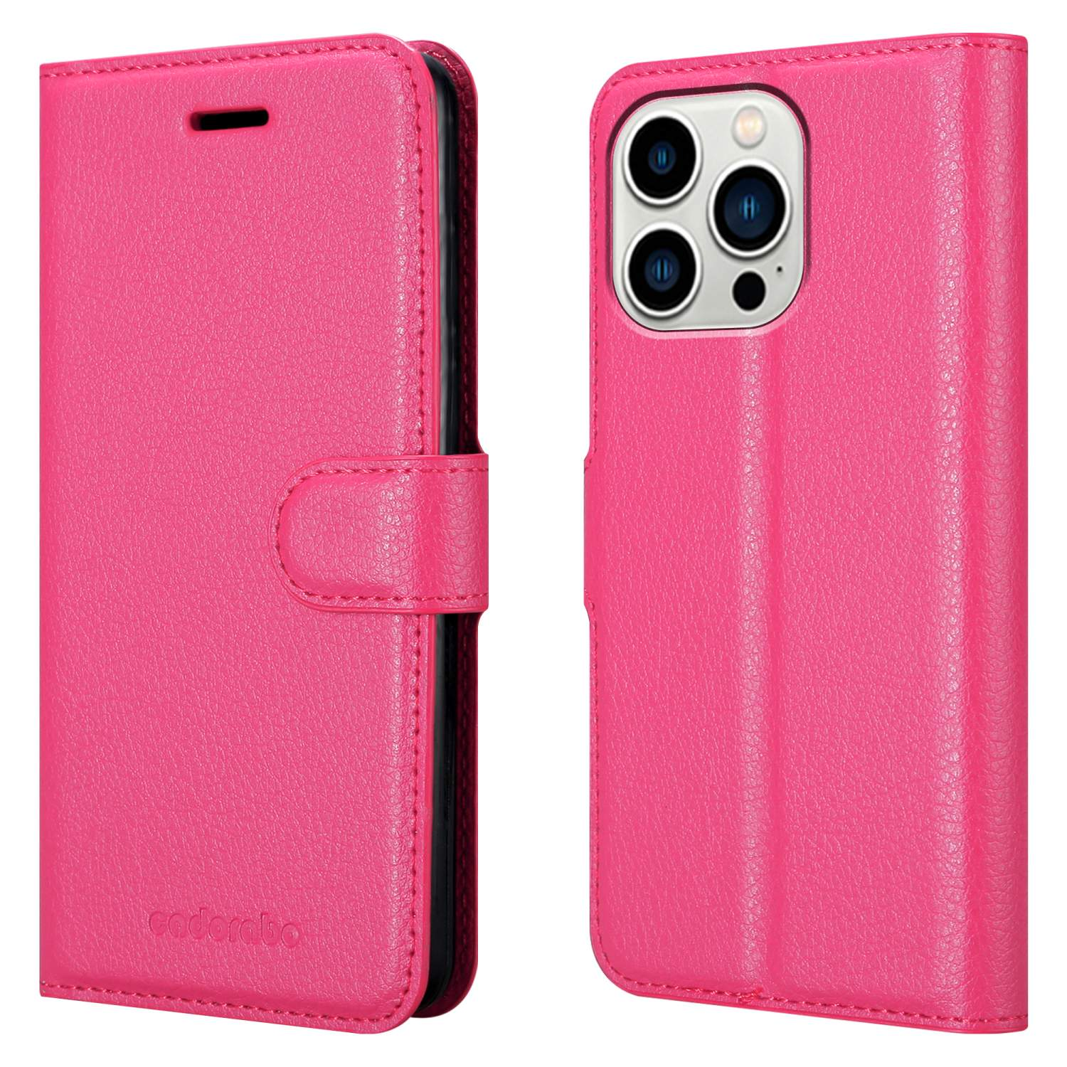 Pinkfarbene Handyhülle, offen und geschlossen, mit Magnetverschluss.