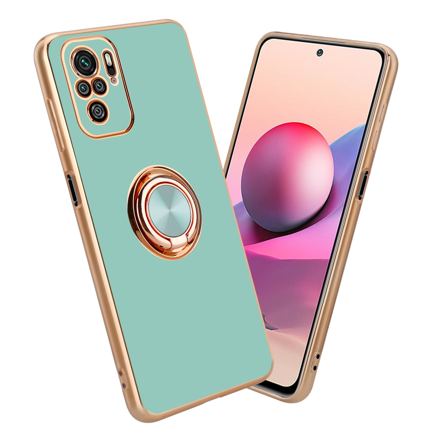 Una custodia per telefono verde menta con bordo dorato e telefono con anello.