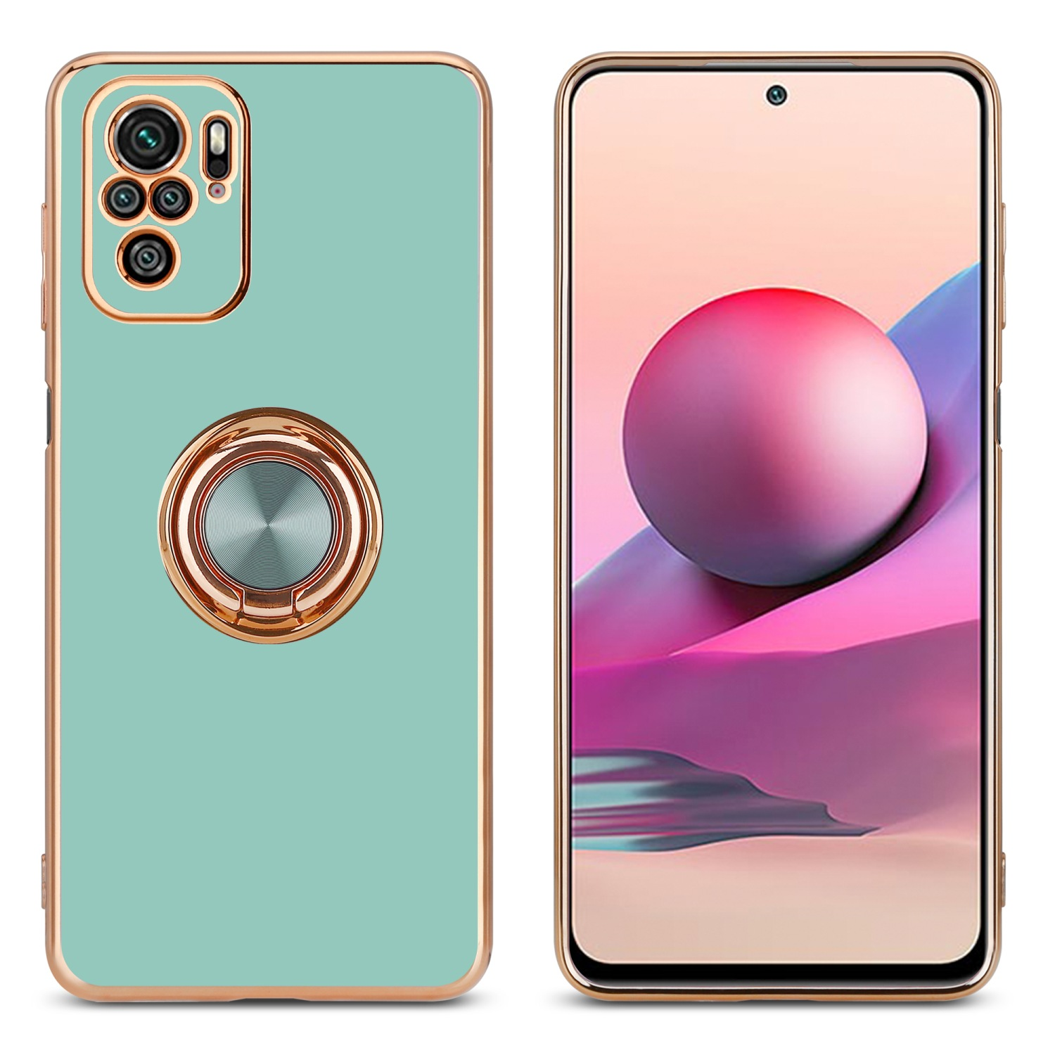 Custodia verde menta con anello dorato, schermo del telefono e cornice dorata. Sfondo bianco.