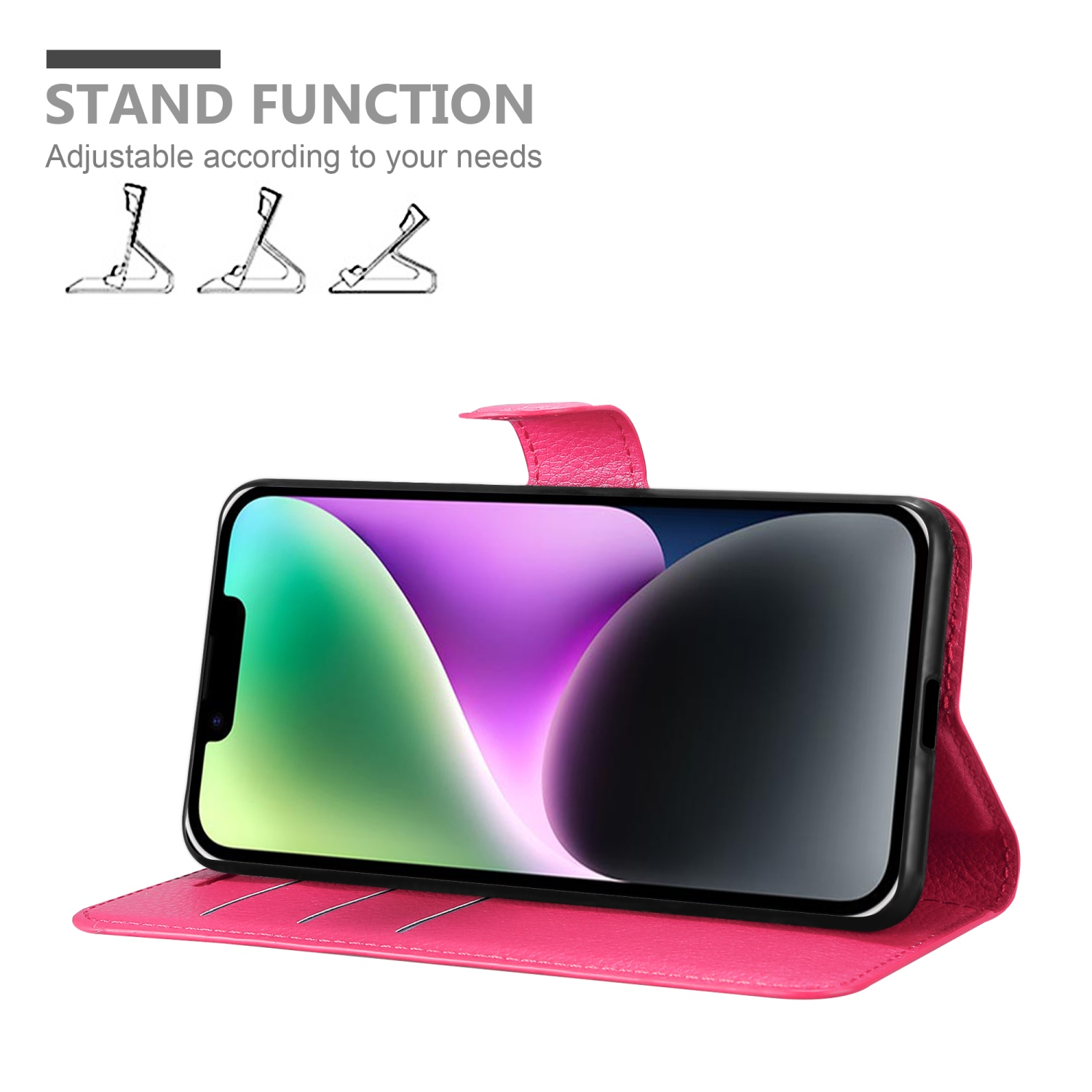 Eine pinke Handyhülle mit einem Telefon darin. Das Telefon ist aufgeklappt und steht mit einem Ständer.