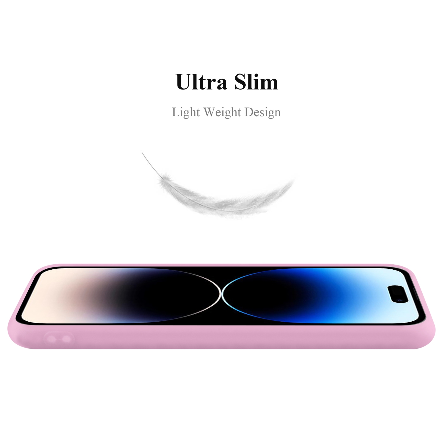 Rosa Handyhülle mit Telefon. Feder im Hintergrund. Ultra Slim Design.