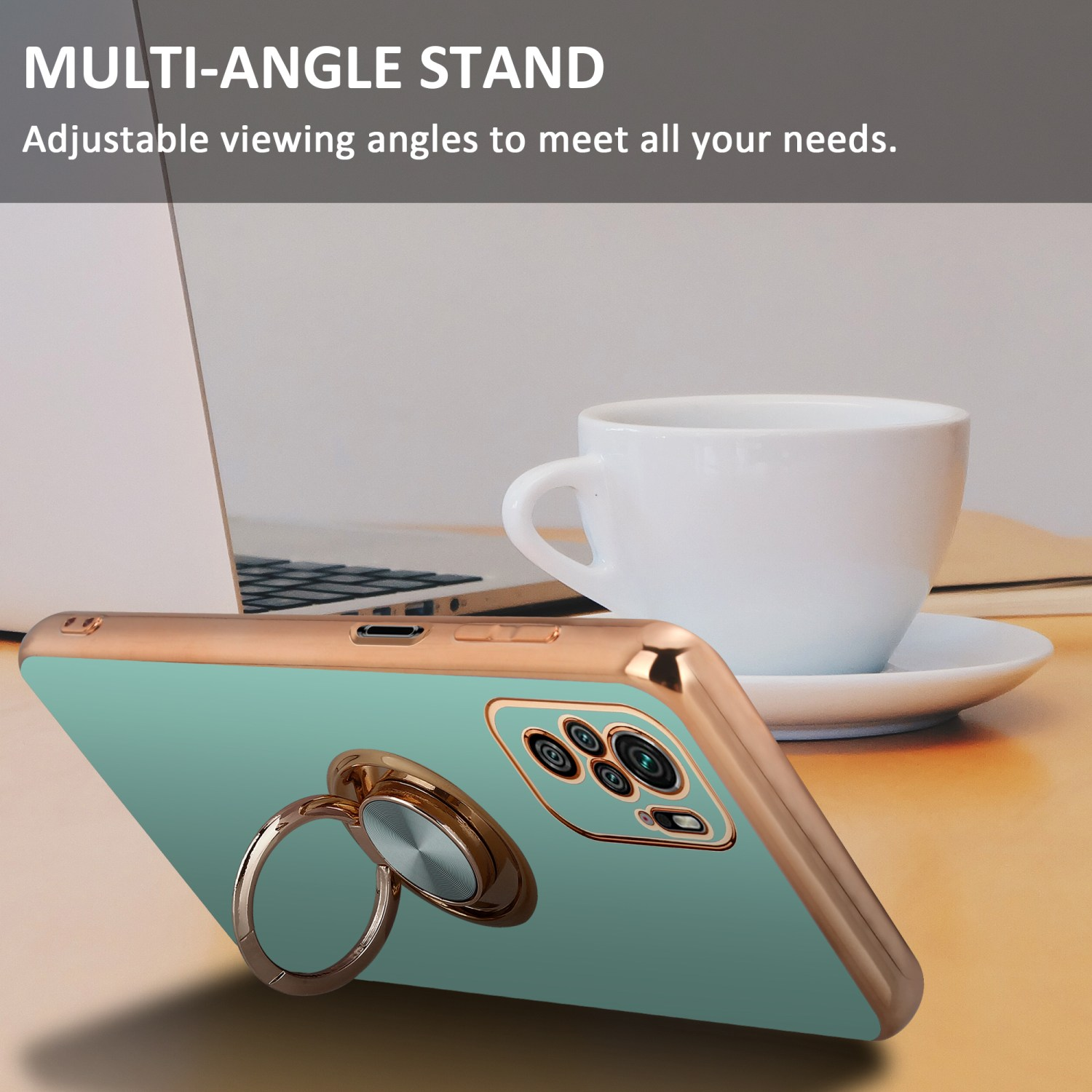 Una custodia per telefono con supporto ad anello, su un tavolo di legno. Una tazza e un laptop sullo sfondo.