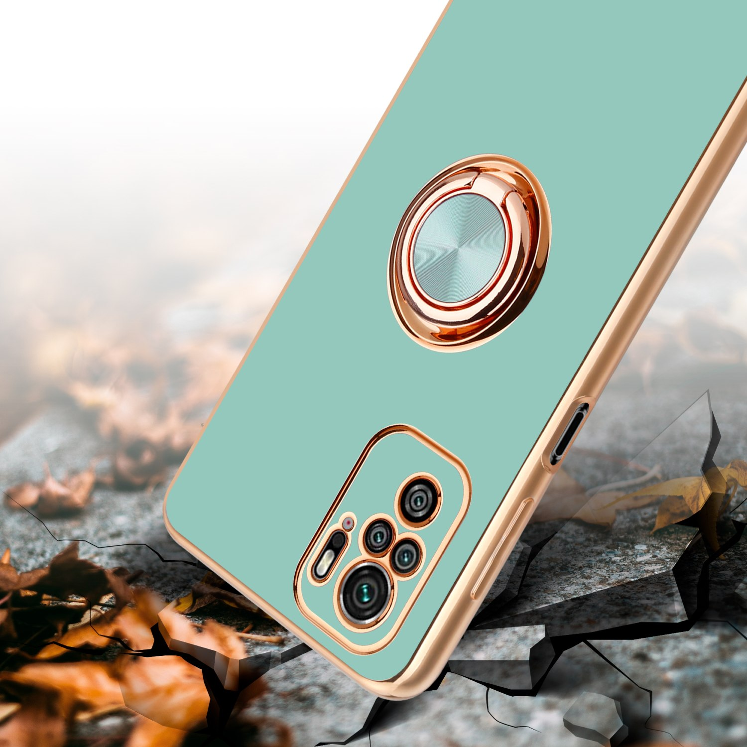 Una custodia per telefono con anello di supporto. Verde chiaro con bordo dorato.
