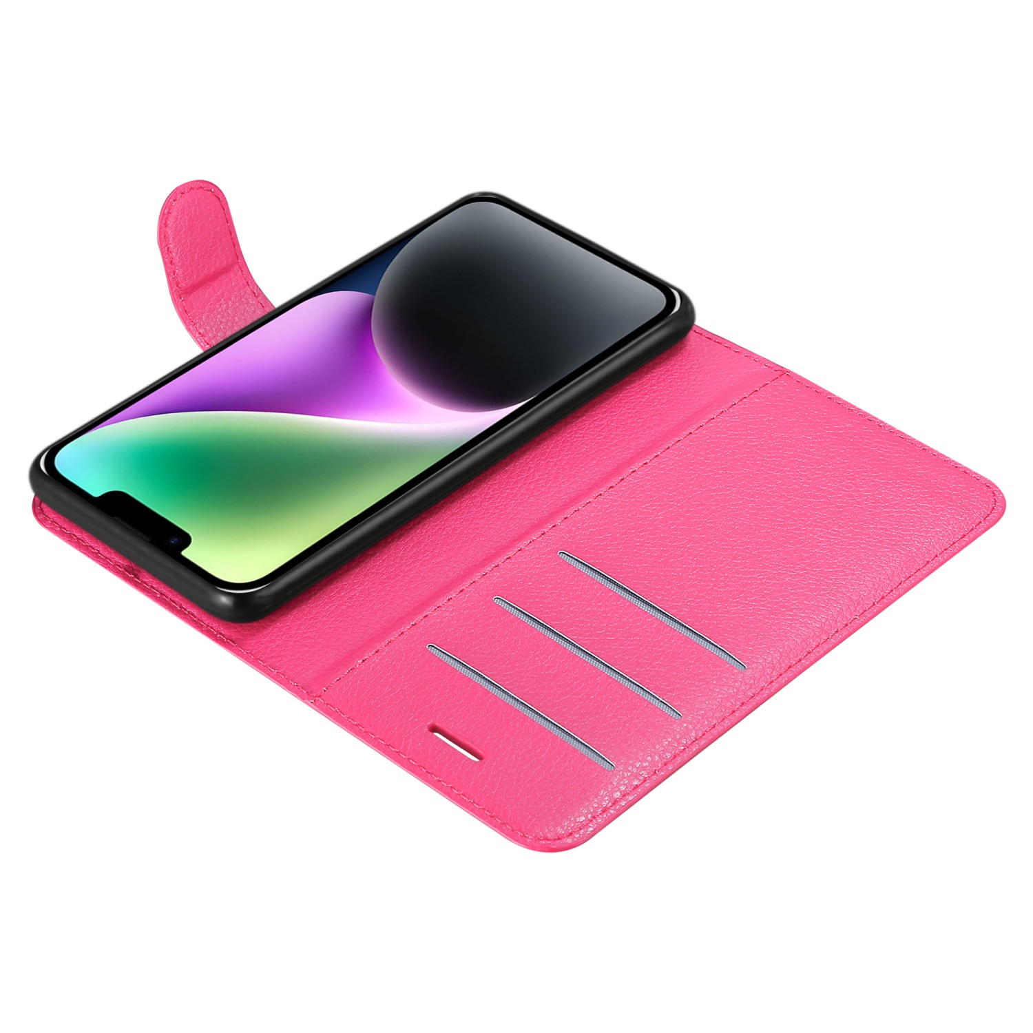 Rosafarbene Handyhülle mit Telefon darin, geöffnet. Zeigt den Bildschirm.