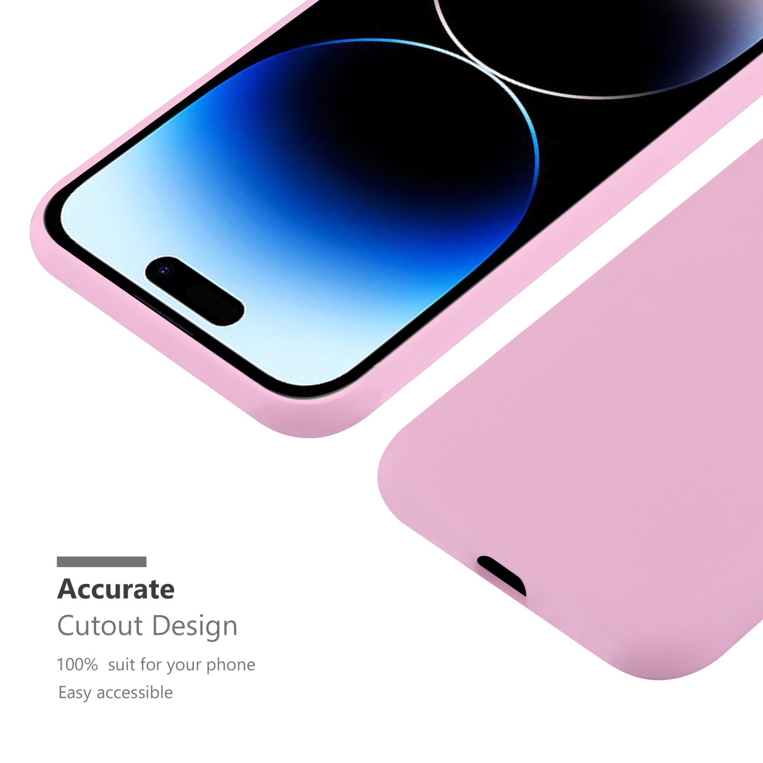 Rosa Handyhülle mit Telefon, weißer Hintergrund und Produktbeschreibung.