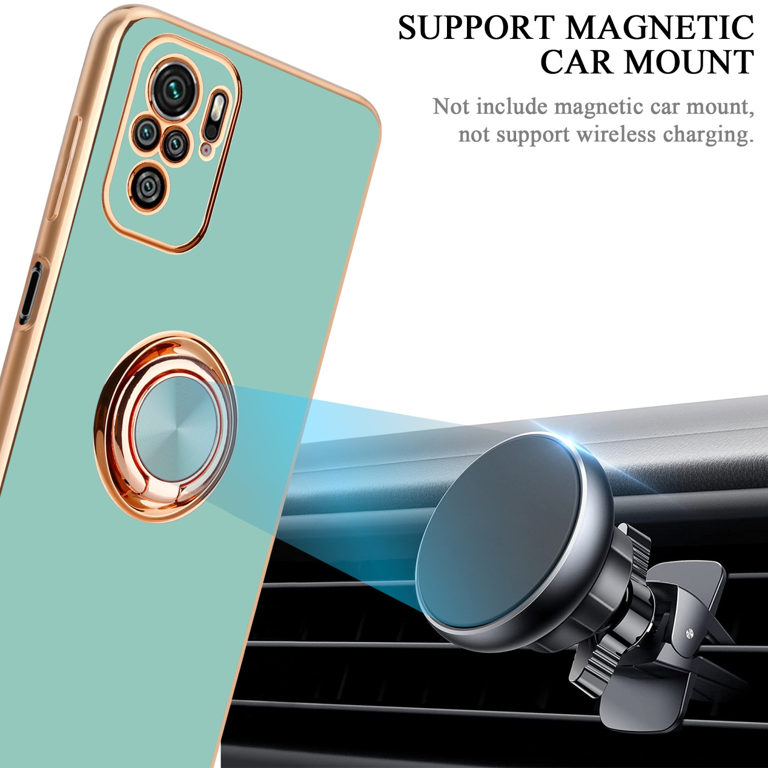 Telefono verde menta con un anello e un supporto magnetico per auto in una presa d'aria.