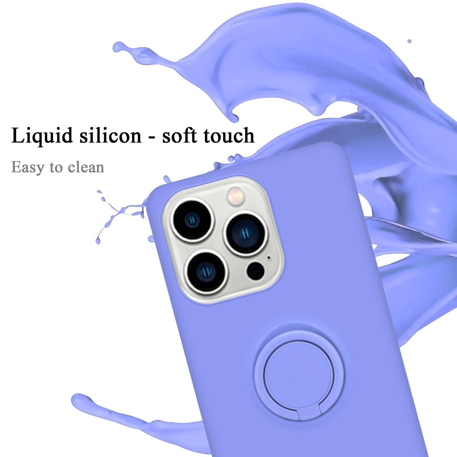 Lila Handyhülle mit Ringhalter. Der Hintergrund zeigt einen blauen Flüssigkeitsspritzer.