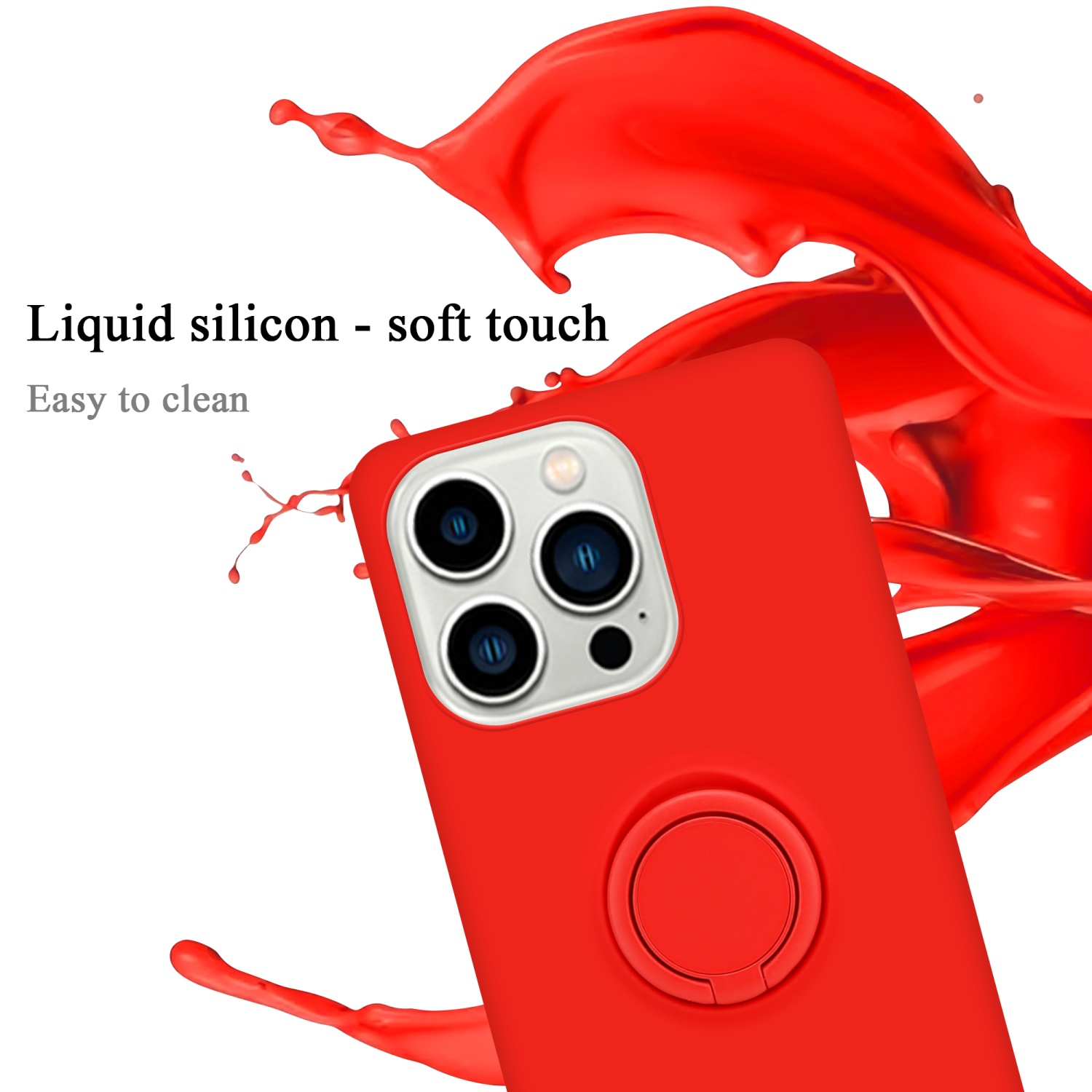 Rote Handyhülle mit Ringhalter, roter Farbspritzer und Text 'soft touch'.