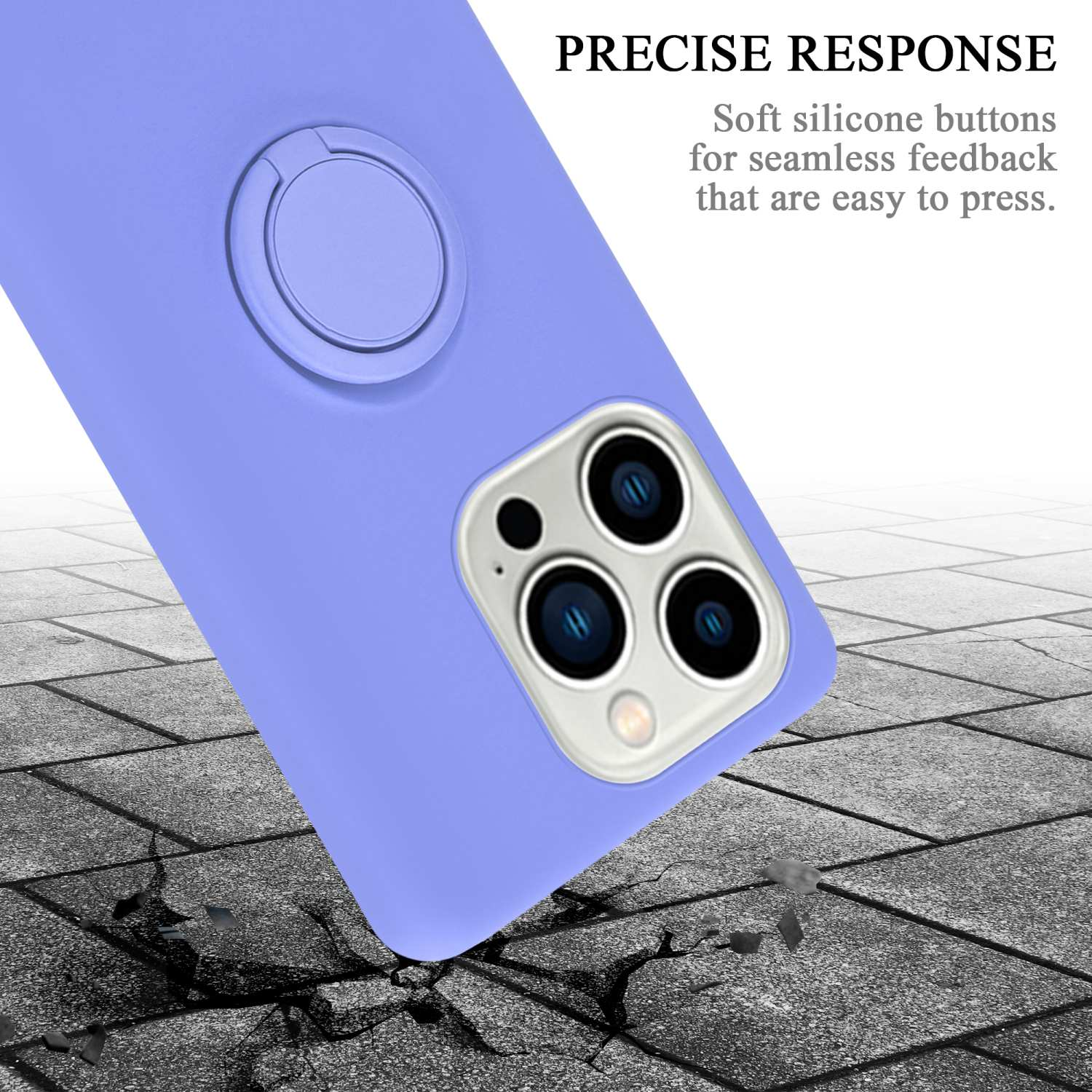 Lila Handyhülle mit Ringhalter. Die Handyhülle liegt auf einer rissigen Betonoberfläche. Text sagt 'PRECISE RESPONSE'.