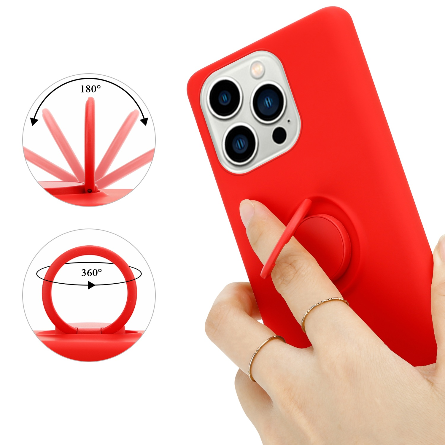 Rote Handyhülle mit Ring. Der Ring dreht sich um 180 und 360 Grad.