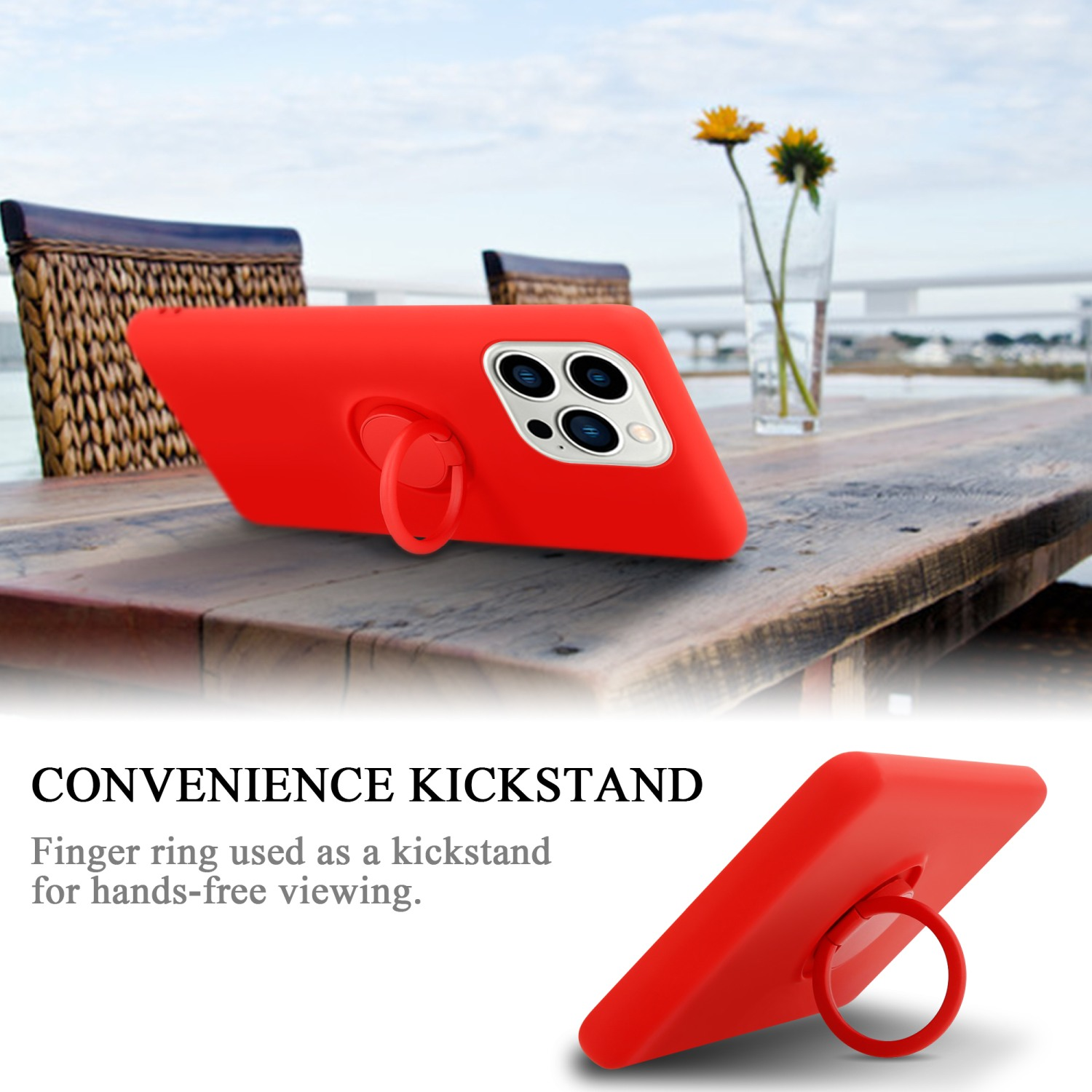 Eine rote Handyhülle mit einem Ring-Ständer. Die Hülle liegt auf einem Tisch mit verschwommenem Hintergrund.