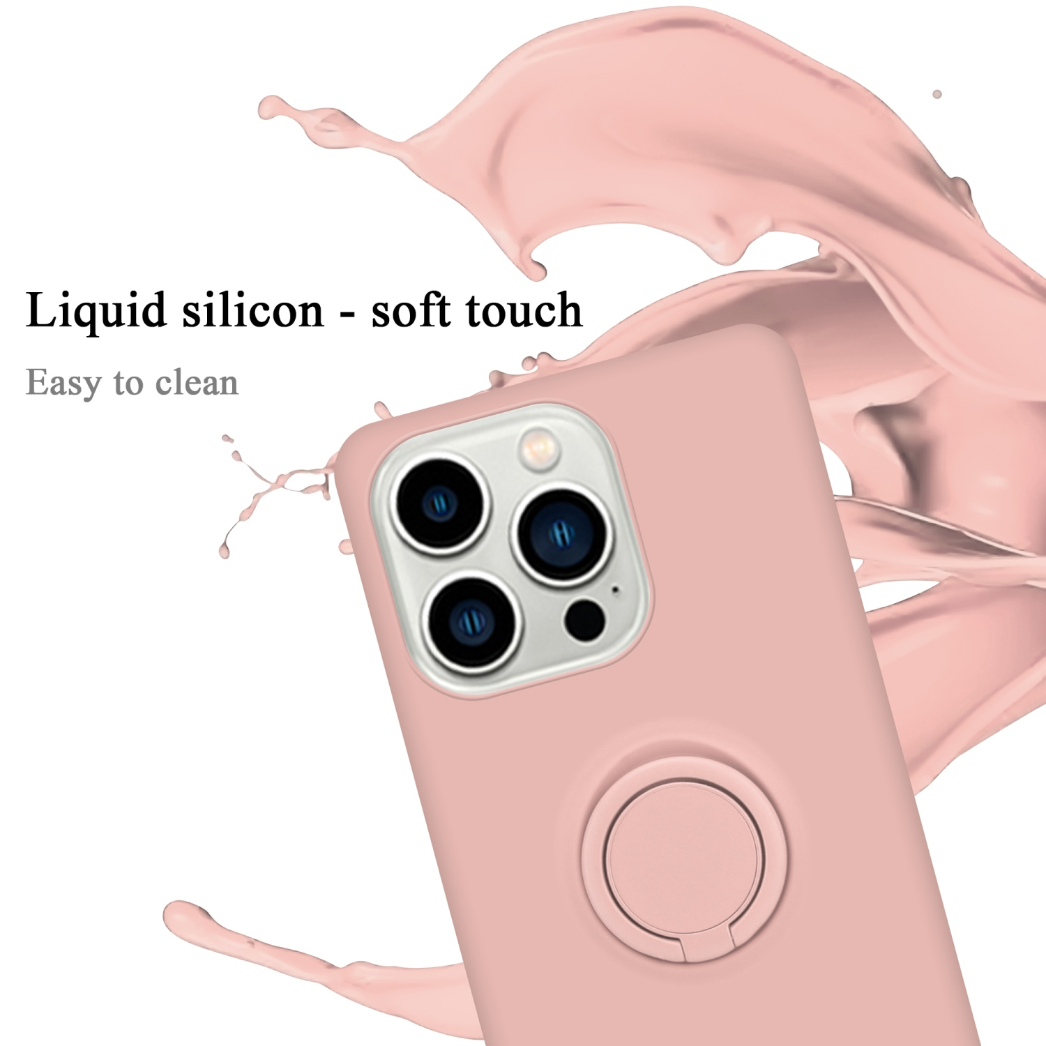 Pinkfarbene Handyhülle mit Ringhalter. Die Handyhülle wird von einer Hand gehalten. Im Hintergrund ein pinkfarbener Flüssigkeitsspritzer.