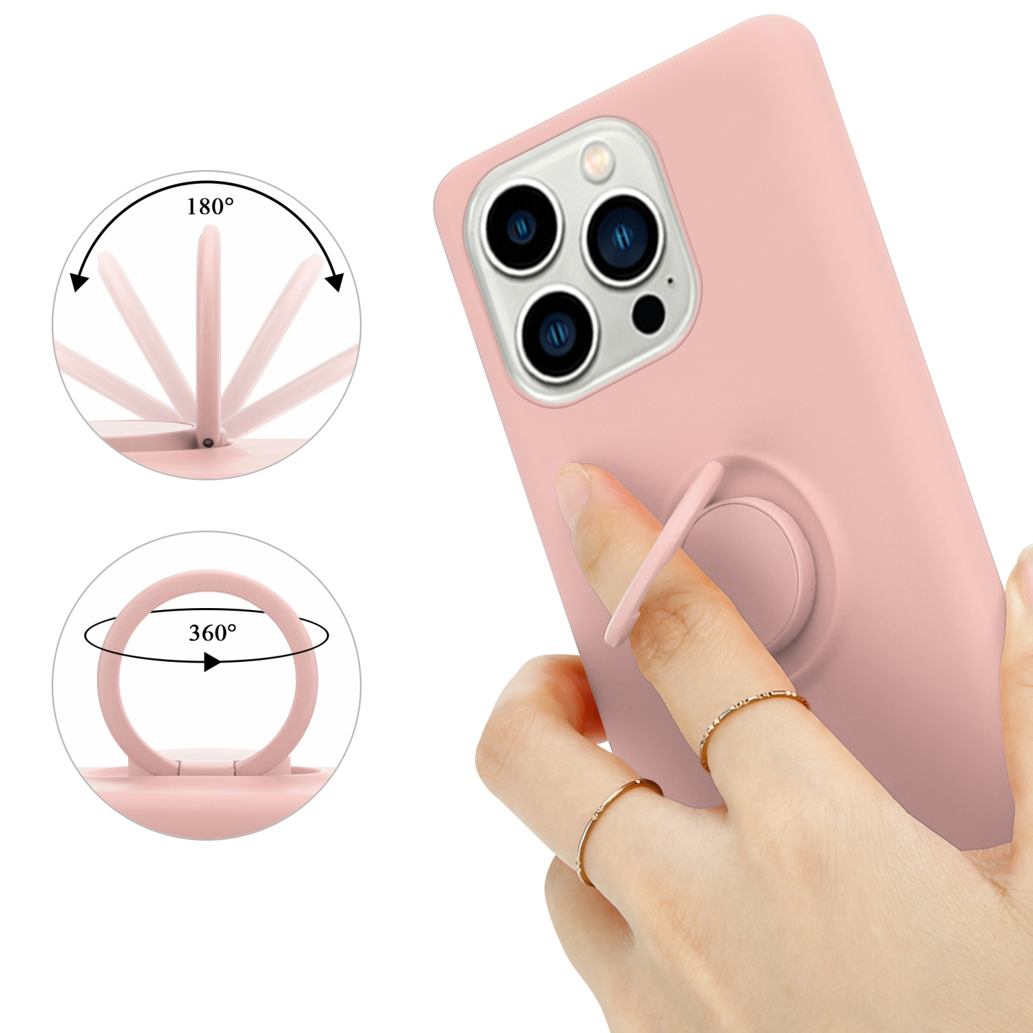 Eine rosa Handyhülle mit Ringhalter und Anweisungen zur Bewegung des Rings.