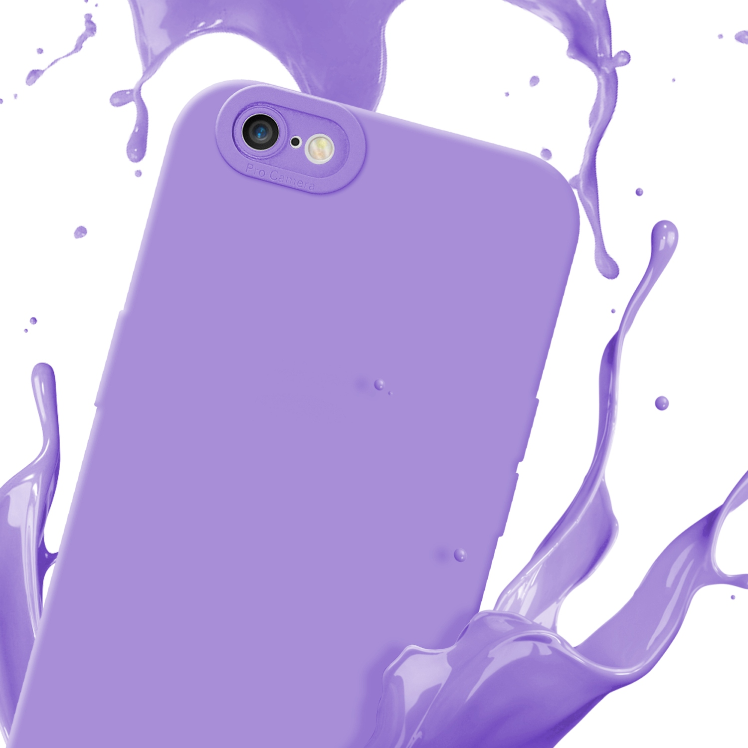 Custodia per telefono viola con fotocamera, circondata da schizzi di vernice viola su sfondo bianco.