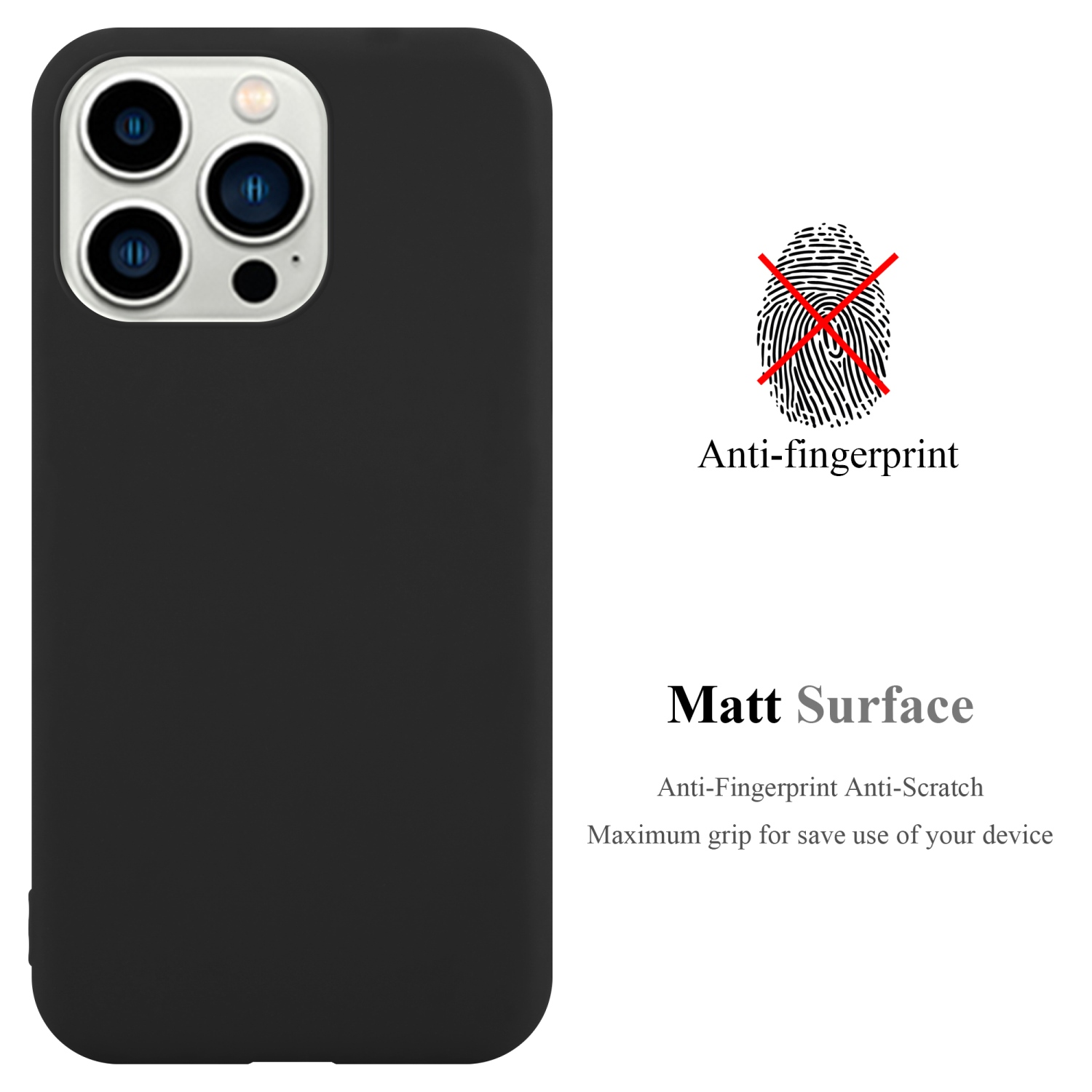 Schwarze Handyhülle mit Dreifachkamera. Anti-Fingerabdruck-Etikett. Text: Matt Surface.