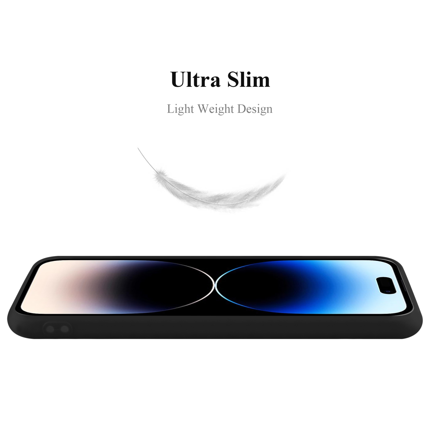 Schwarze Handyhülle, Seitenansicht. Eine Feder schwebt darüber. Text: Ultra Slim, Light Weight.