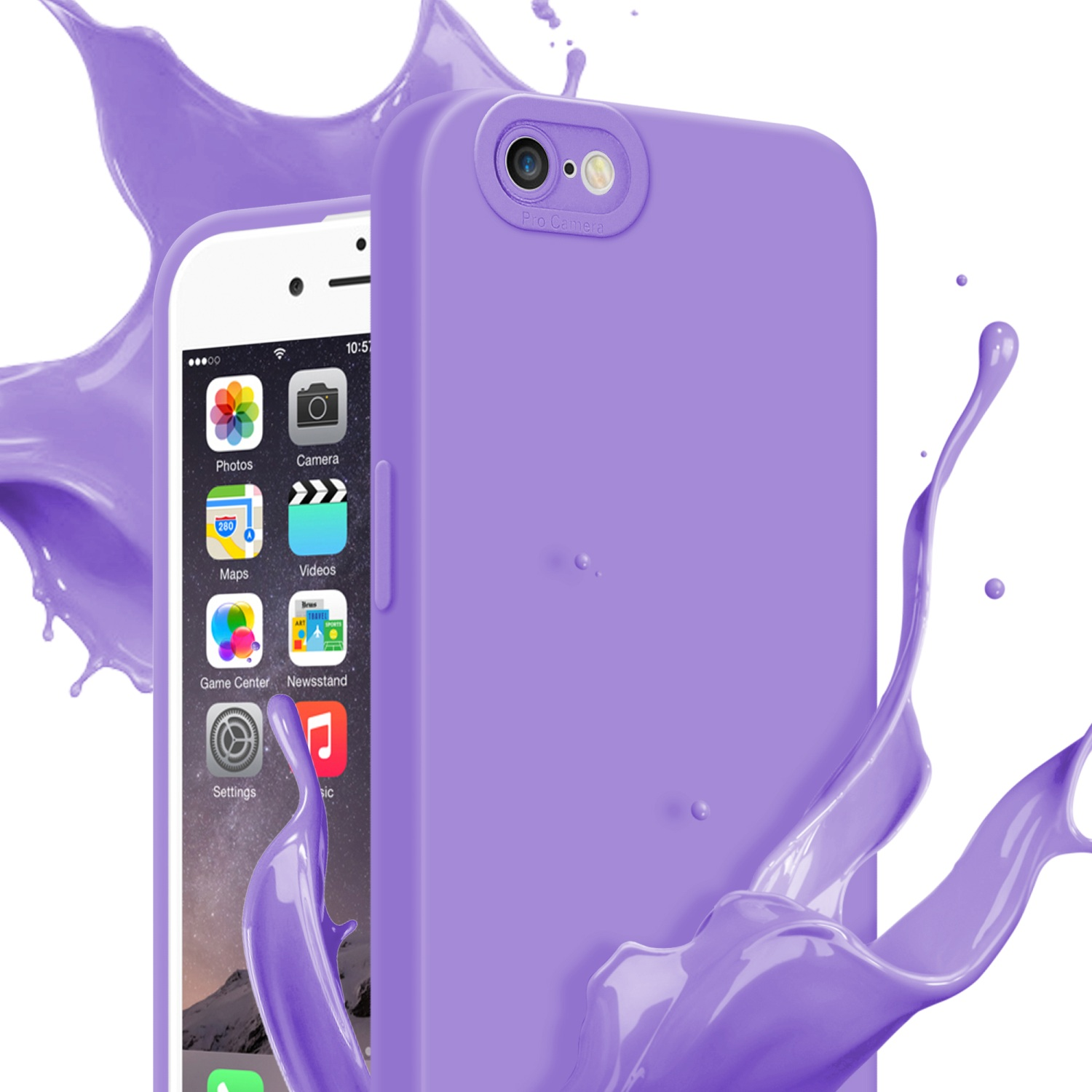 Custodia viola con telefono, circondata da schizzi di vernice viola.