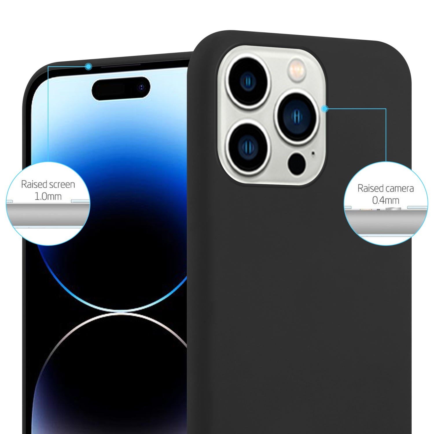 Eine schwarze Handyhülle mit erhöhten Bildschirm- und Kamerarändern, die das Telefon zeigt.
