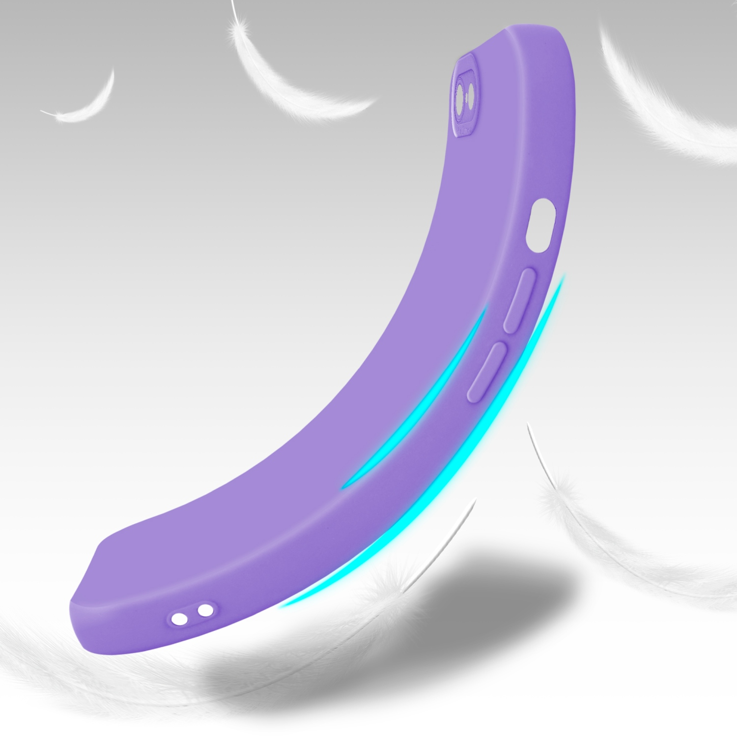 Una custodia per telefono viola che fluttua a mezz'aria con piume sullo sfondo. Ha due pulsanti e un foro per la fotocamera.