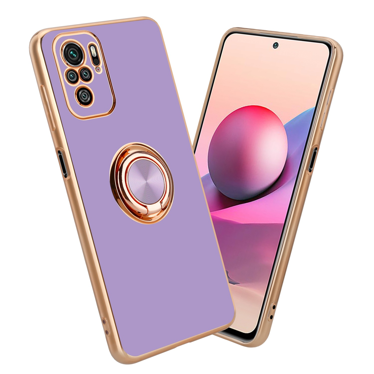 Custodia per telefono viola con finiture dorate, un supporto ad anello e un telefono all'interno.