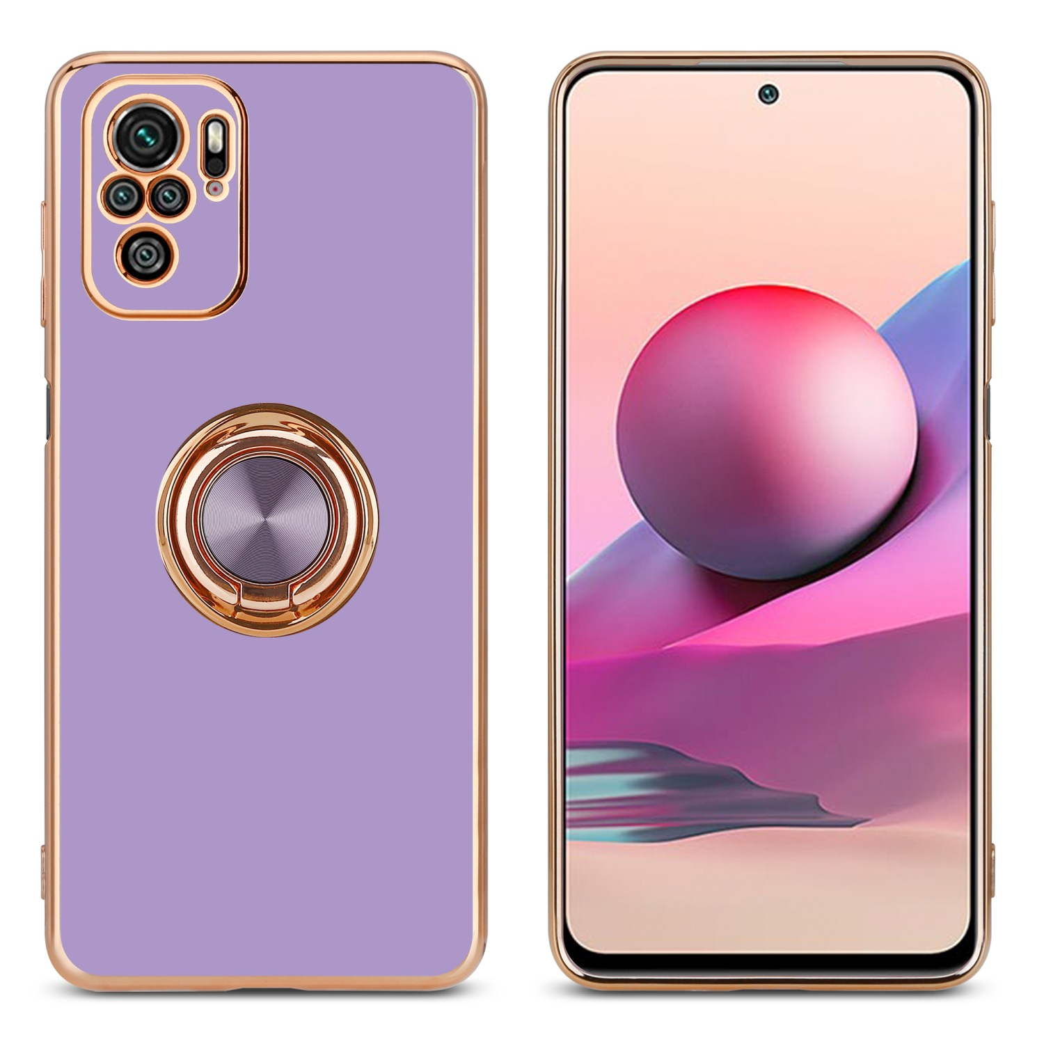 Vista anteriore e posteriore di un telefono in una custodia lavanda con anello, su una superficie bianca.