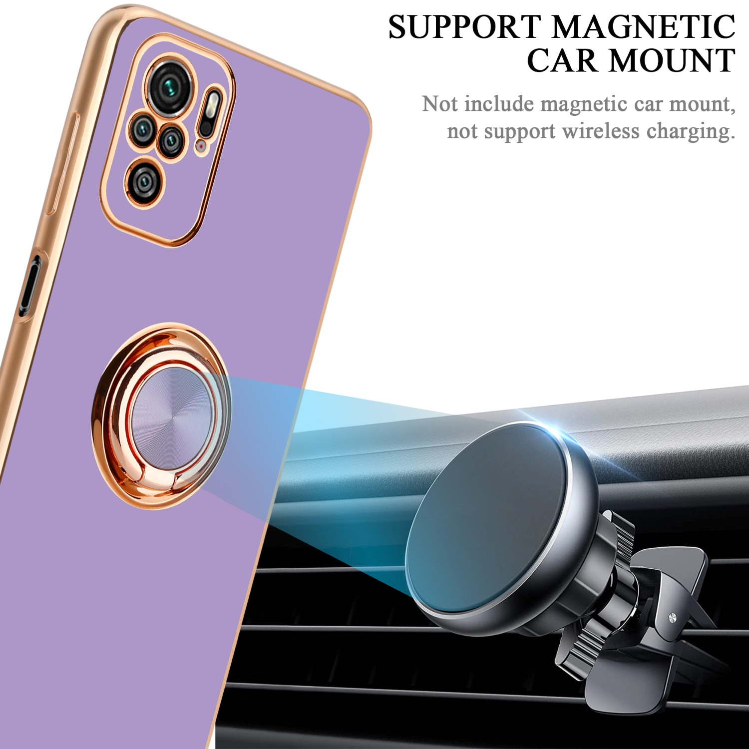 Custodia per telefono viola con un supporto ad anello dorato. Mostrato telefono e clip per supporto auto.
