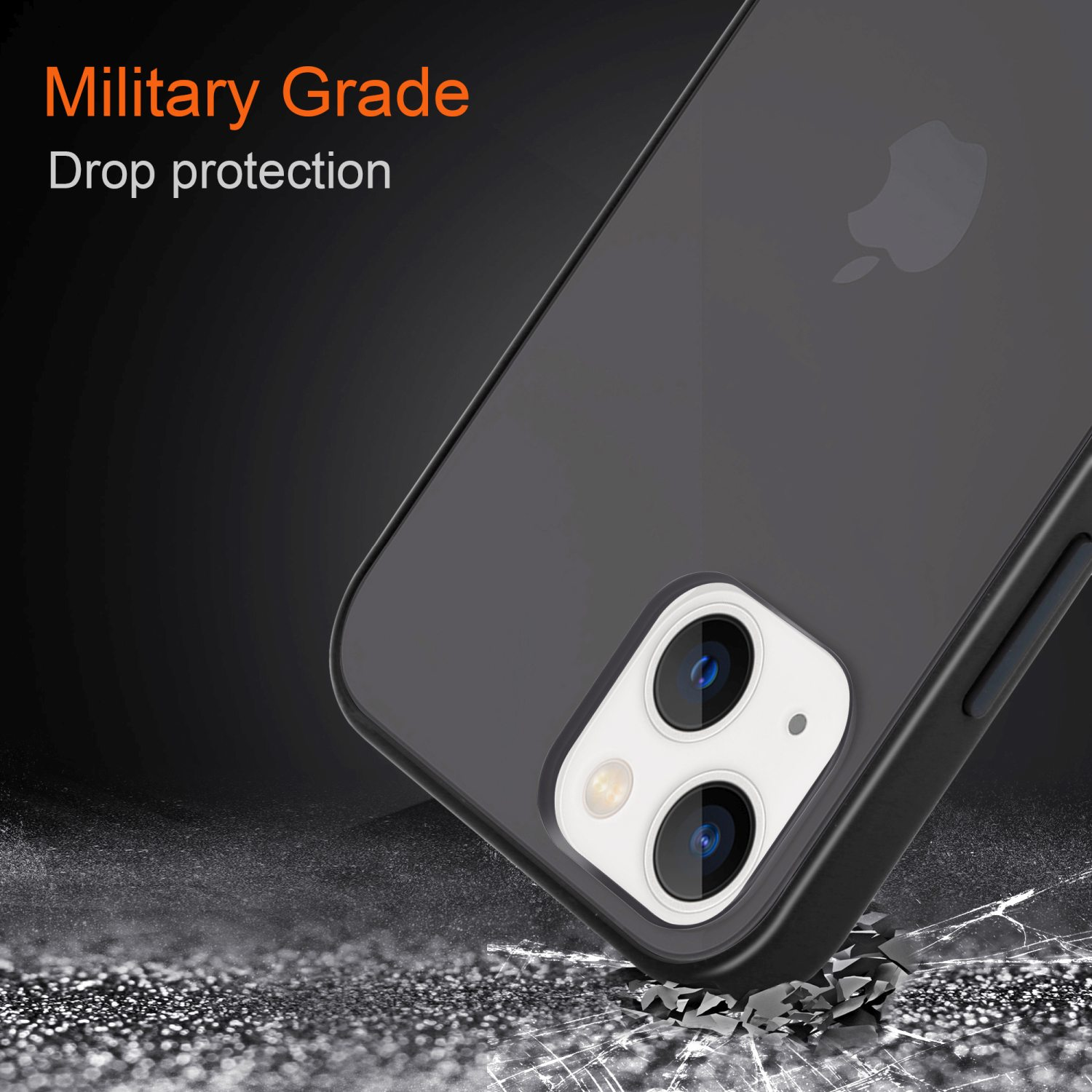 Eine schwarze Handyhülle mit Telefon, abgewinkelt. Der Text lautet: 'Military Grade Drop protection'.