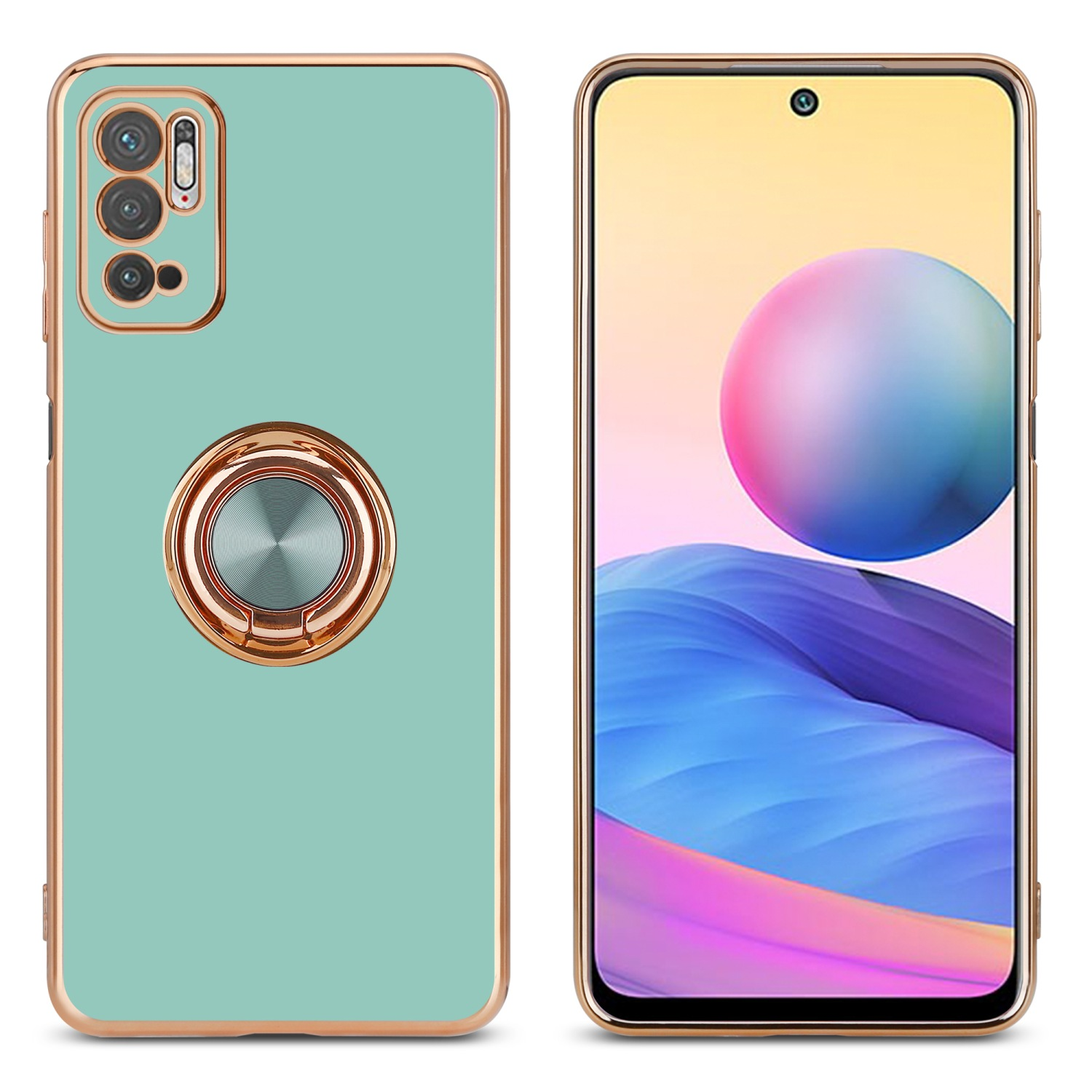 Custodia per telefono menta con bordo e anello dorati. Lo schermo mostra un design astratto colorato.