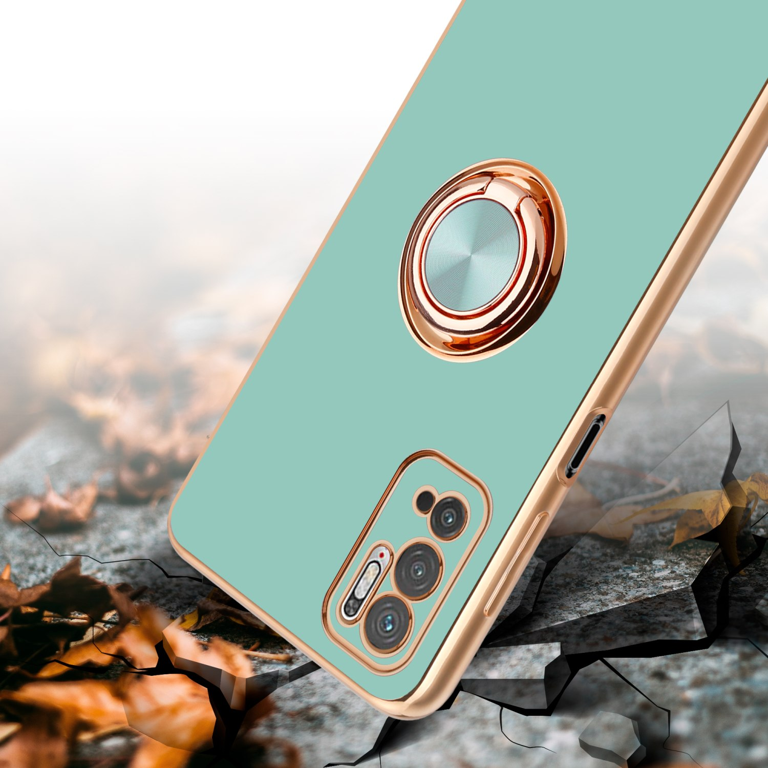 Custodia verde menta con telefono, supporto ad anello ed effetto superficie crepata.