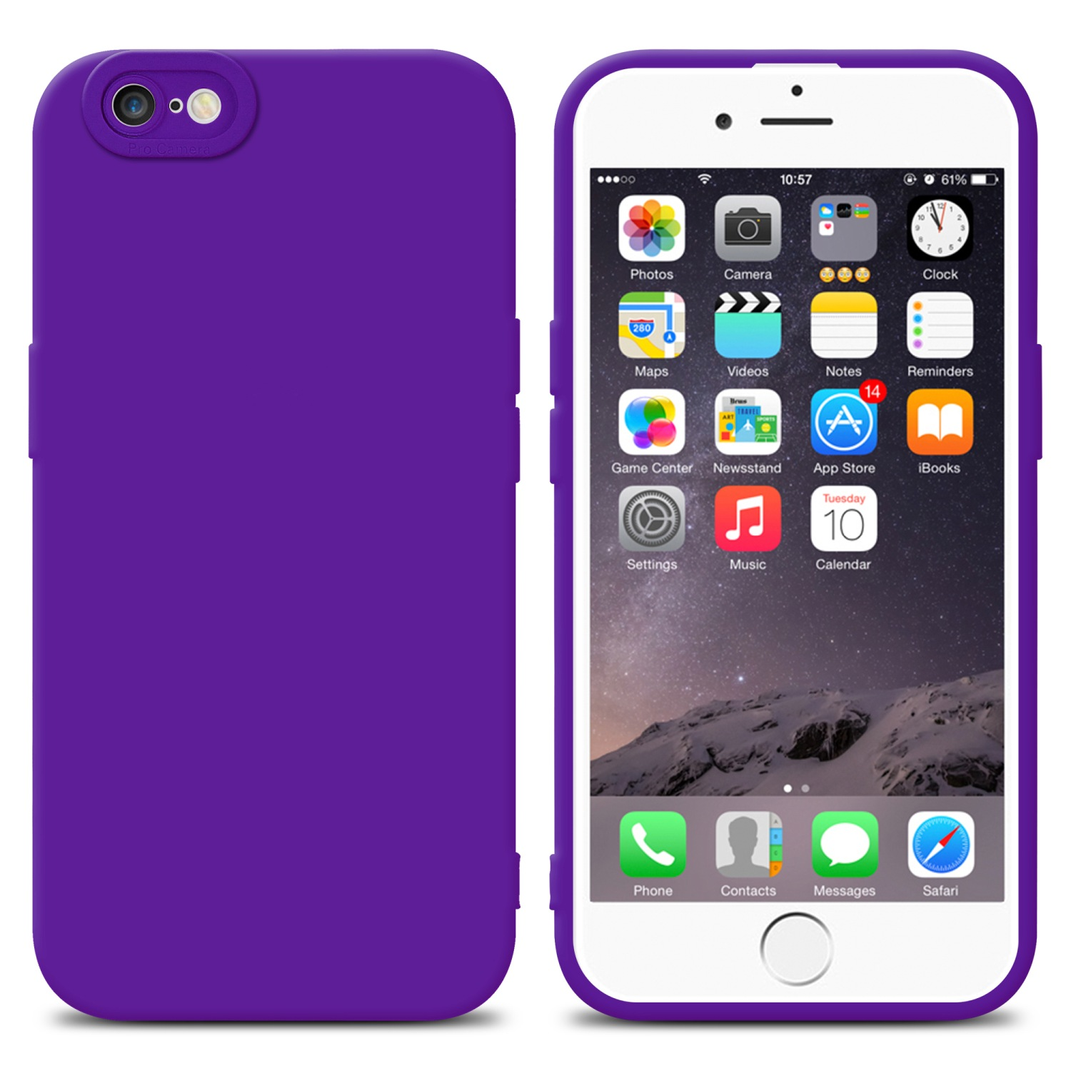 Custodia per telefono viola con telefono viola con icone sullo schermo. Ha fotocamera e flash.