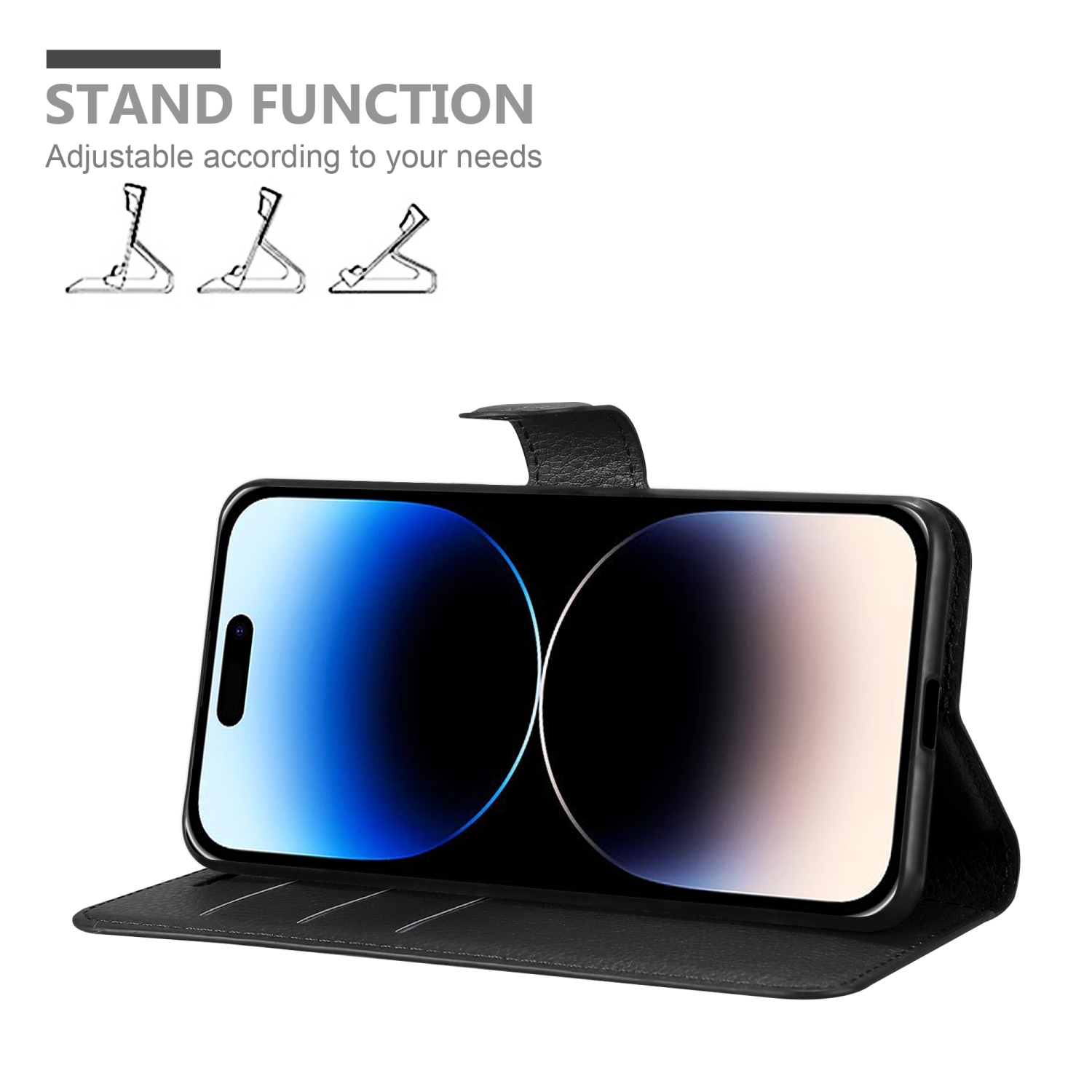 Schwarze Handyhülle mit Smartphone, zeigt Standfunktion. Weißer Hintergrund.