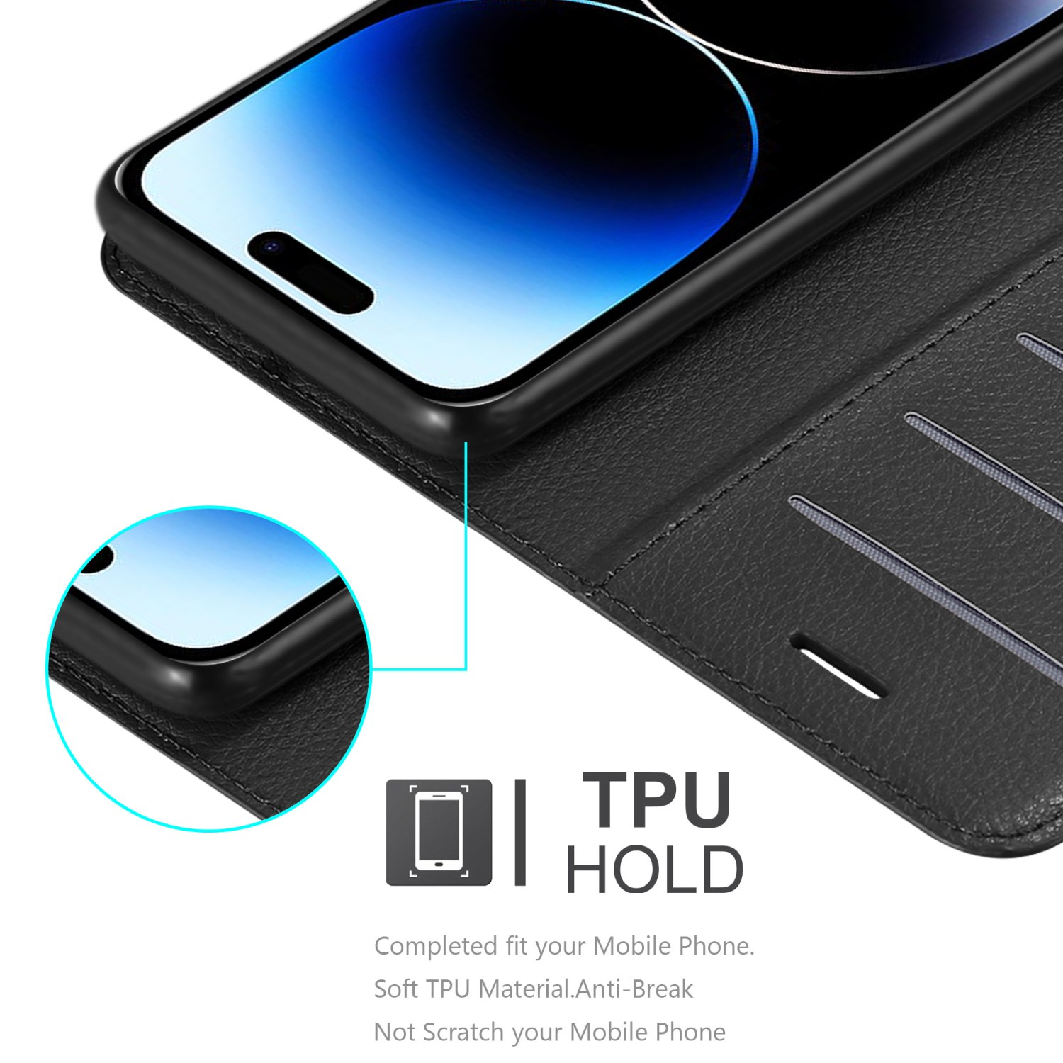 Schwarzes Telefon in schwarzer Hülle, mit TPU HOLD Text.