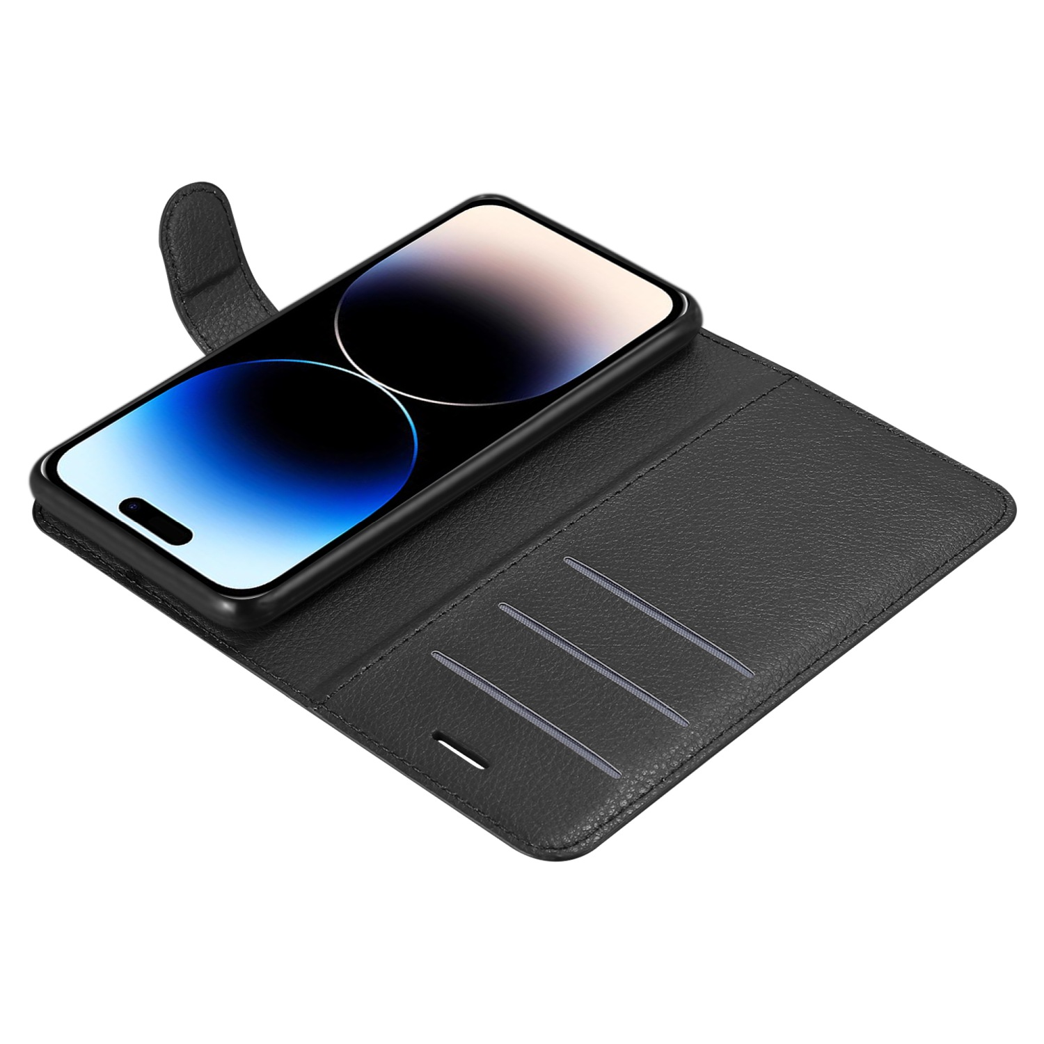 Schwarzes Telefon in schwarzer Leder-Wallet-Hülle mit Kartenfächern. Der Telefonbildschirm zeigt einen blau-schwarzen Farbverlauf.