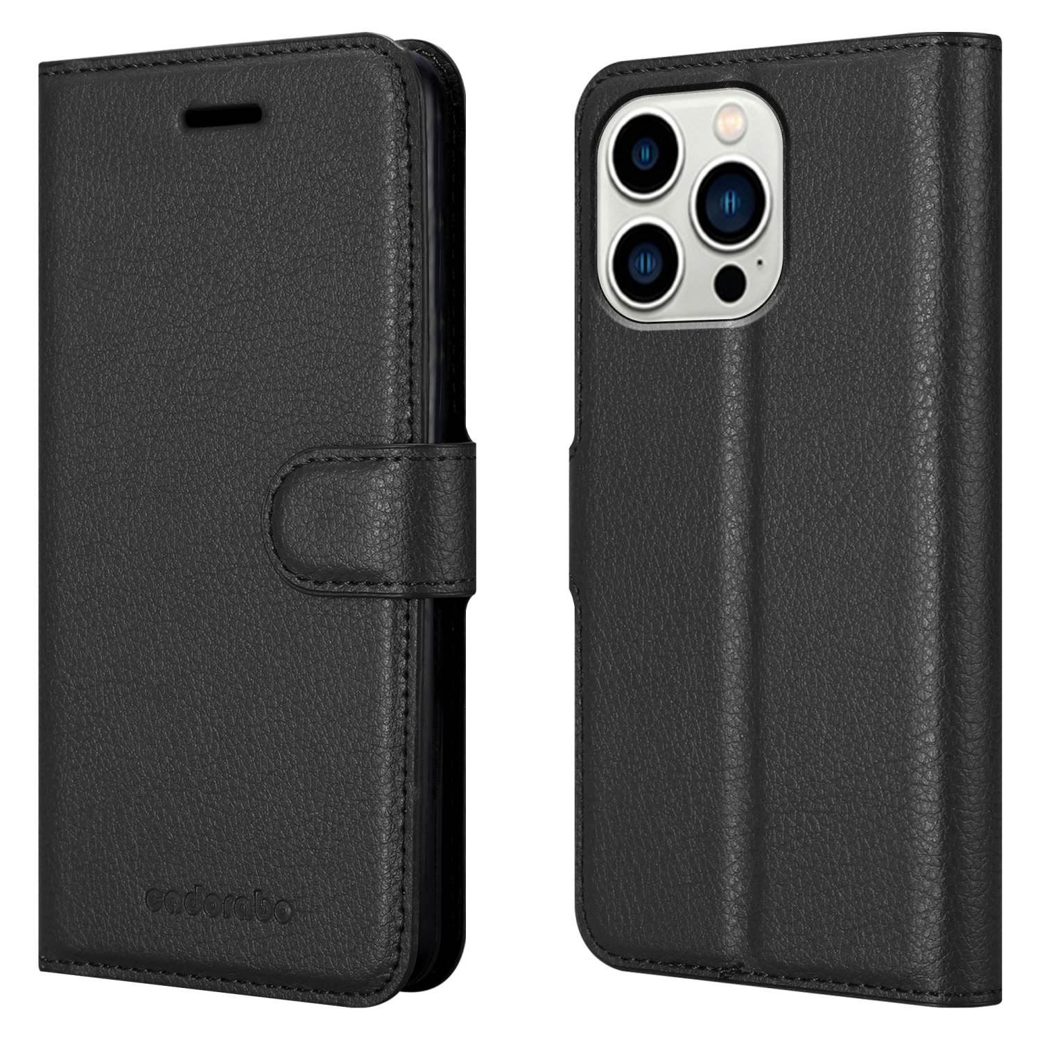 Schwarze Leder-Handyhülle, offen. Telefon rechts. Weißer Hintergrund.