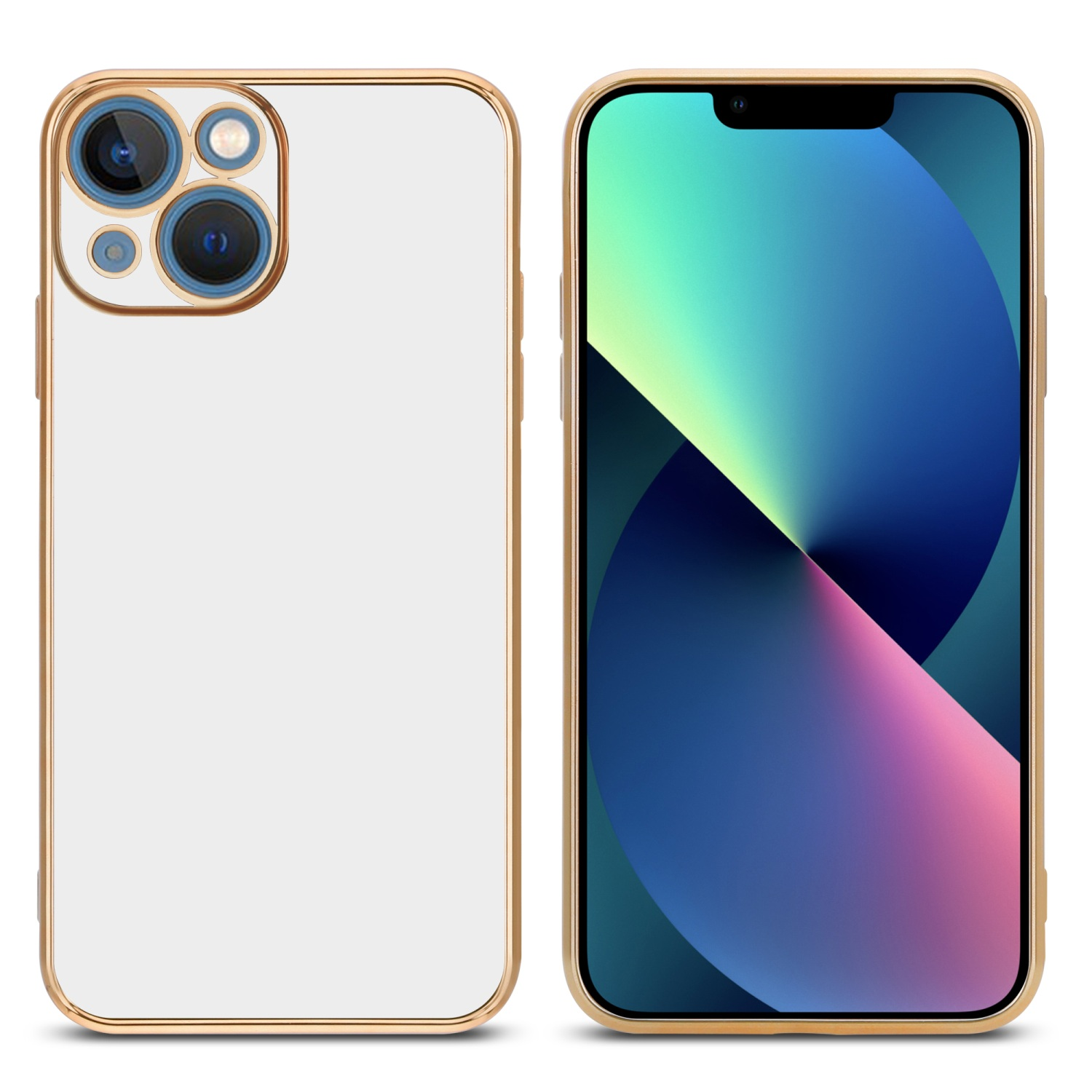 Zwei Handyhüllen, eine goldfarbene weiße und ein schwarzes Telefon mit farbenfrohem Bildschirm.