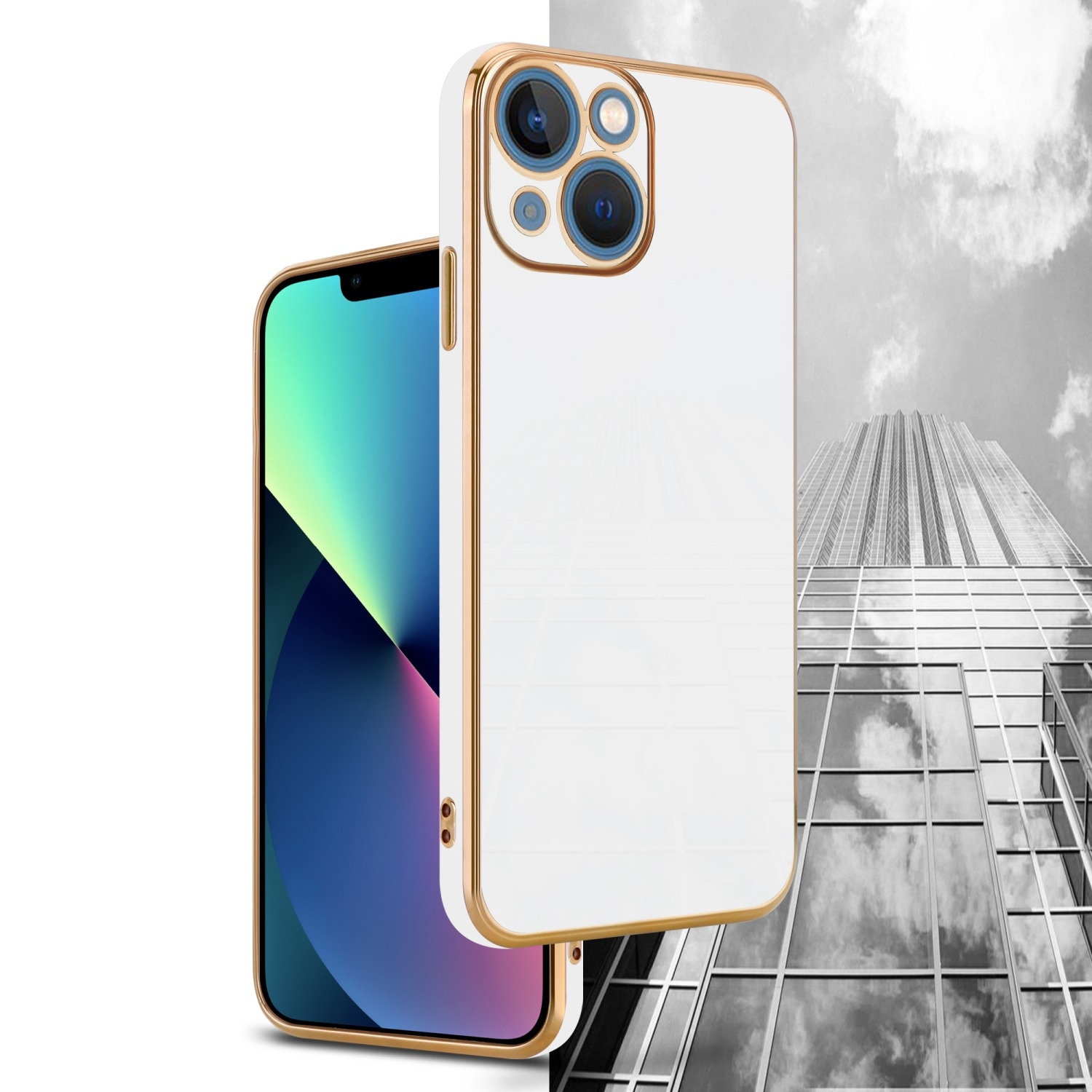 Apple, 13 Weiß CADORABO Backcover, Kameraschutz, Glossy mit Gold MINI, - Handyhülle iPhone