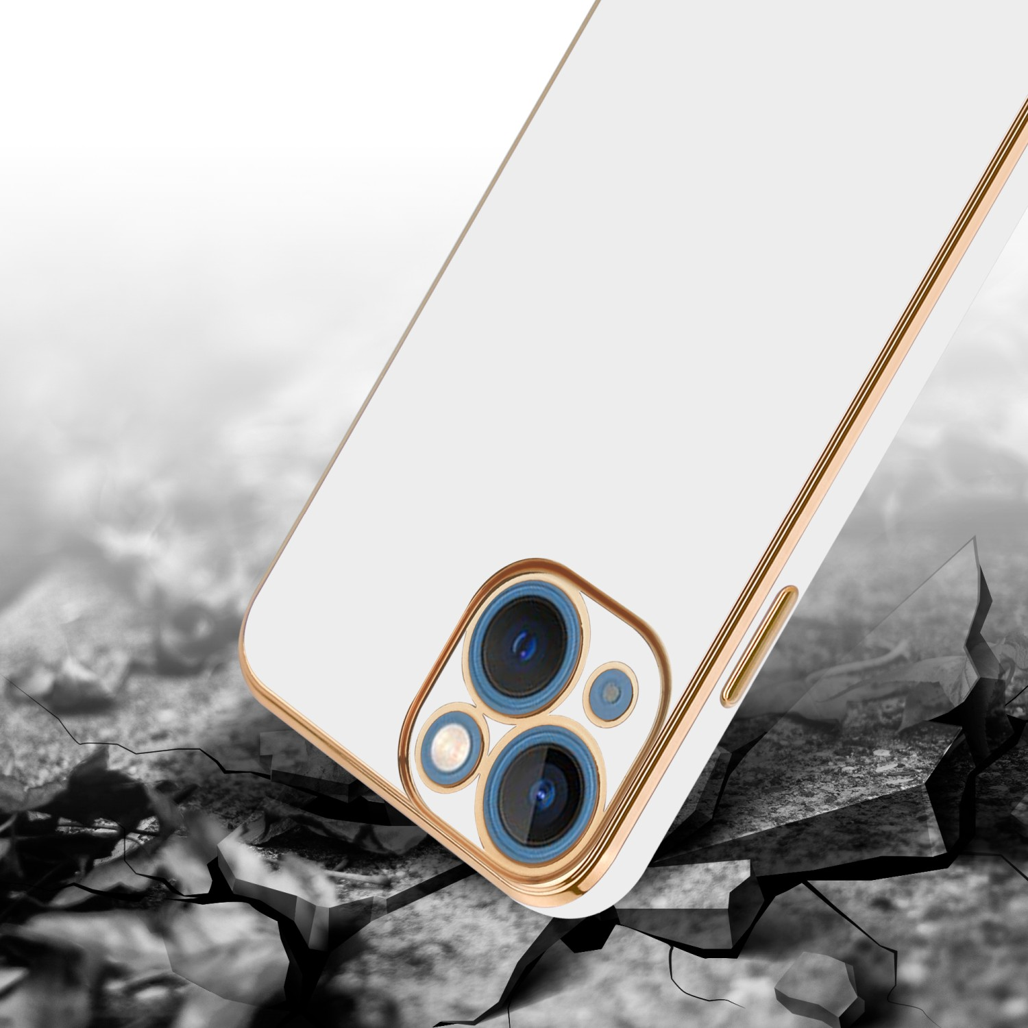 CADORABO Handyhülle mit Kameraschutz, Glossy iPhone Weiß Gold - PLUS, Backcover, 14 Apple