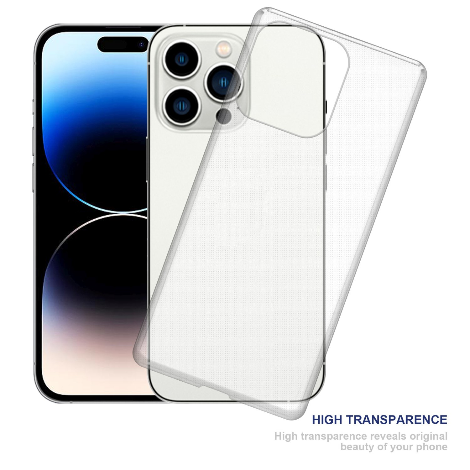 Eine transparente Handyhülle und ein Telefon mit weißer Rückseite und schwarzem Kameramodul.