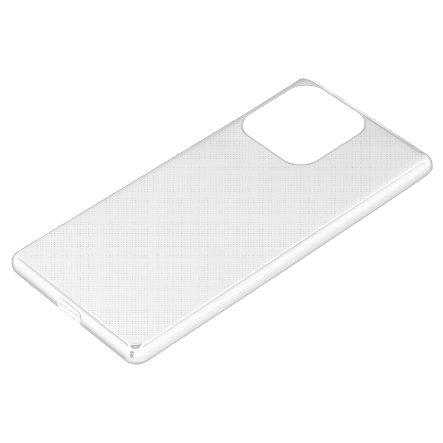 Eine transparente Handyhülle mit einem gepunkteten Muster. Die Hülle ist abgewinkelt, die Rückseite zeigend.