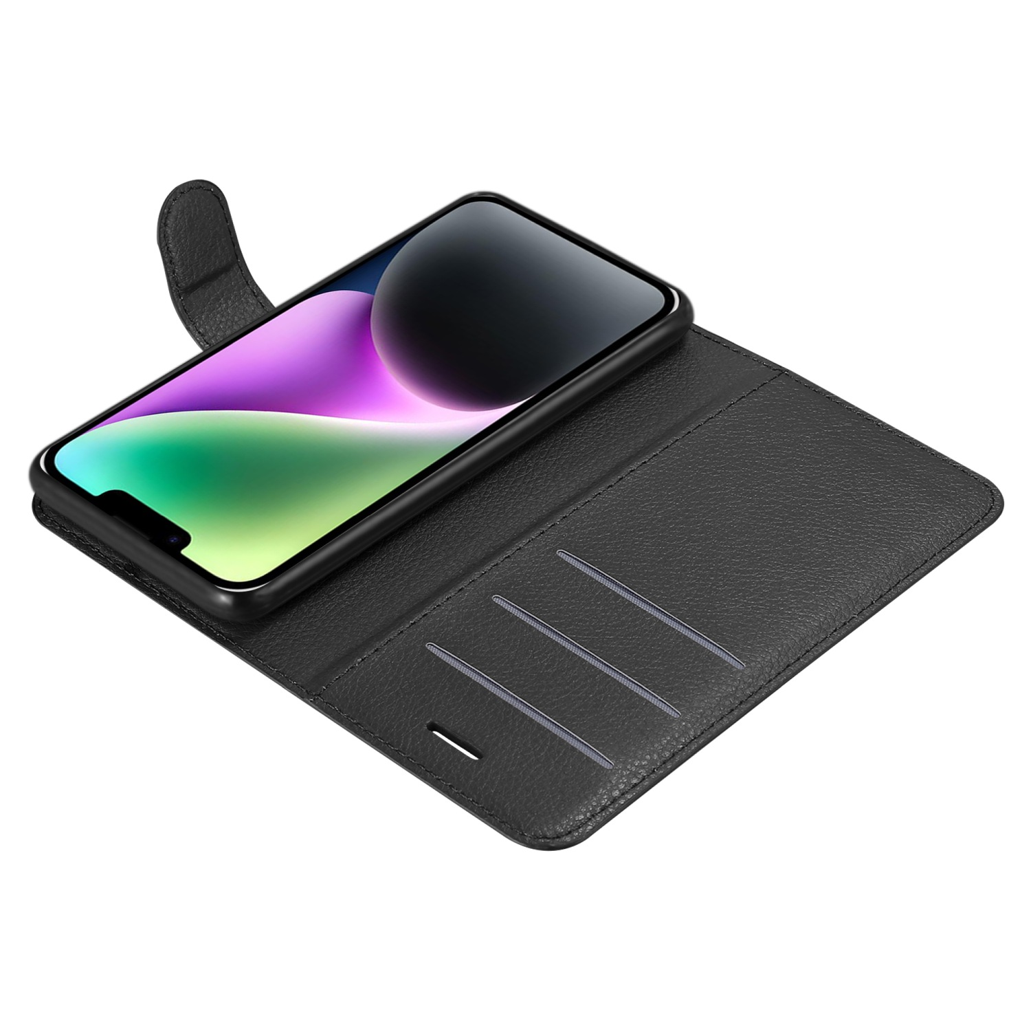 Geöffnete schwarze Handyhülle mit einem Telefon im Inneren, das den Bildschirm und Kartenfächer zeigt.