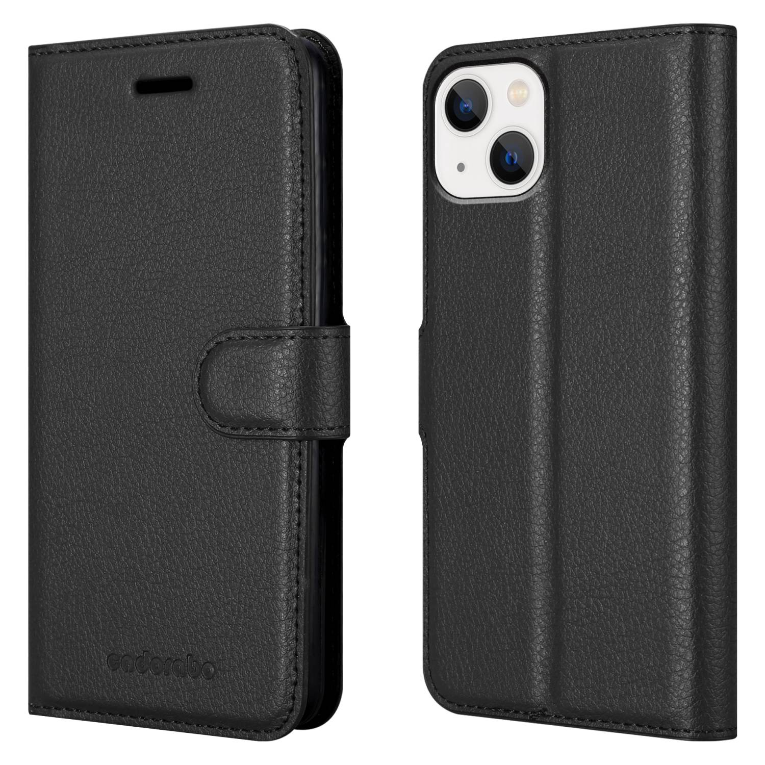 Eine schwarze Leder-Handyhülle, links geschlossen und rechts geöffnet, zeigt das Telefon im Inneren.