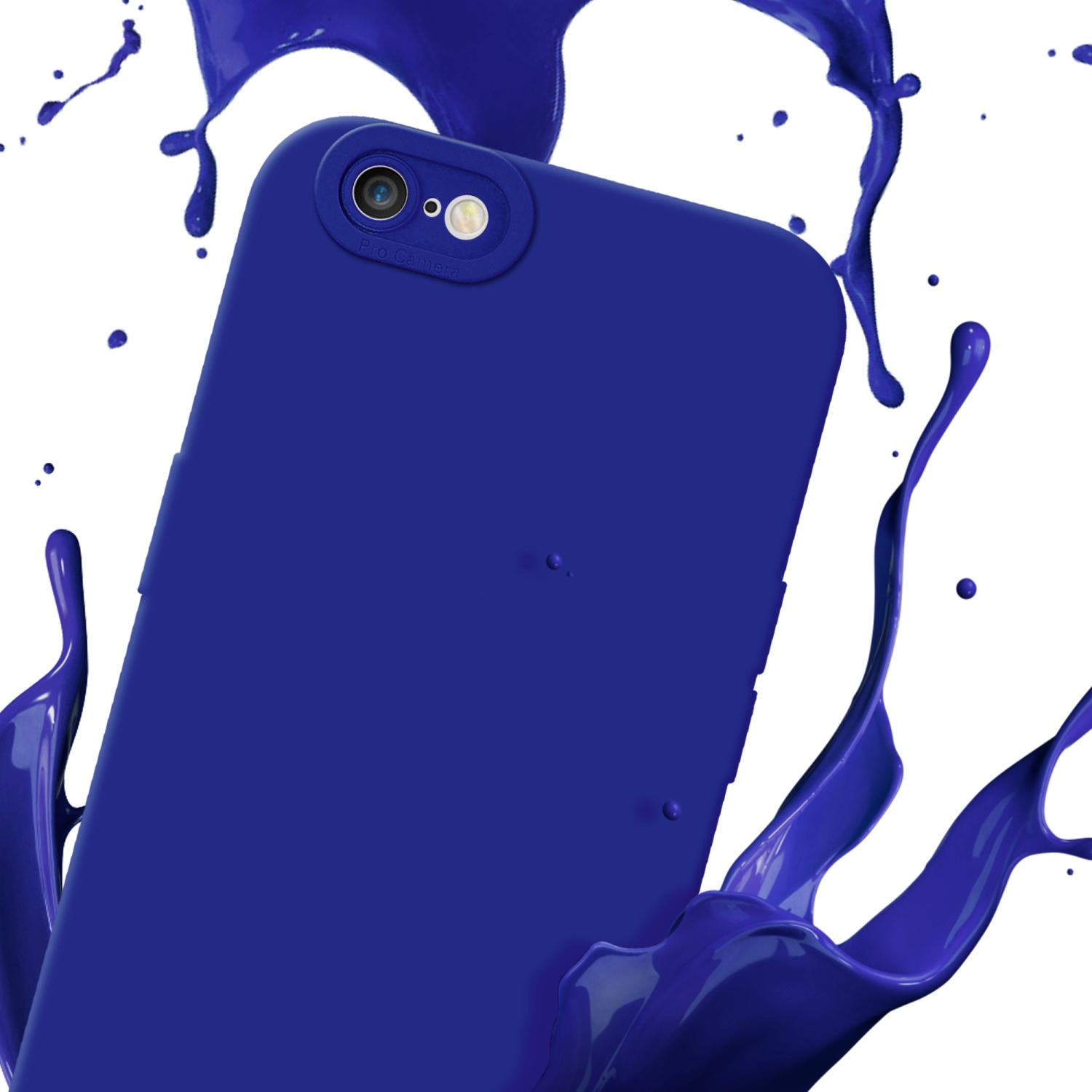 Blaue Handyhülle mit blauem Farbspritzer. Die Handyhülle ist dunkelblau und hat eine Kameralinse.