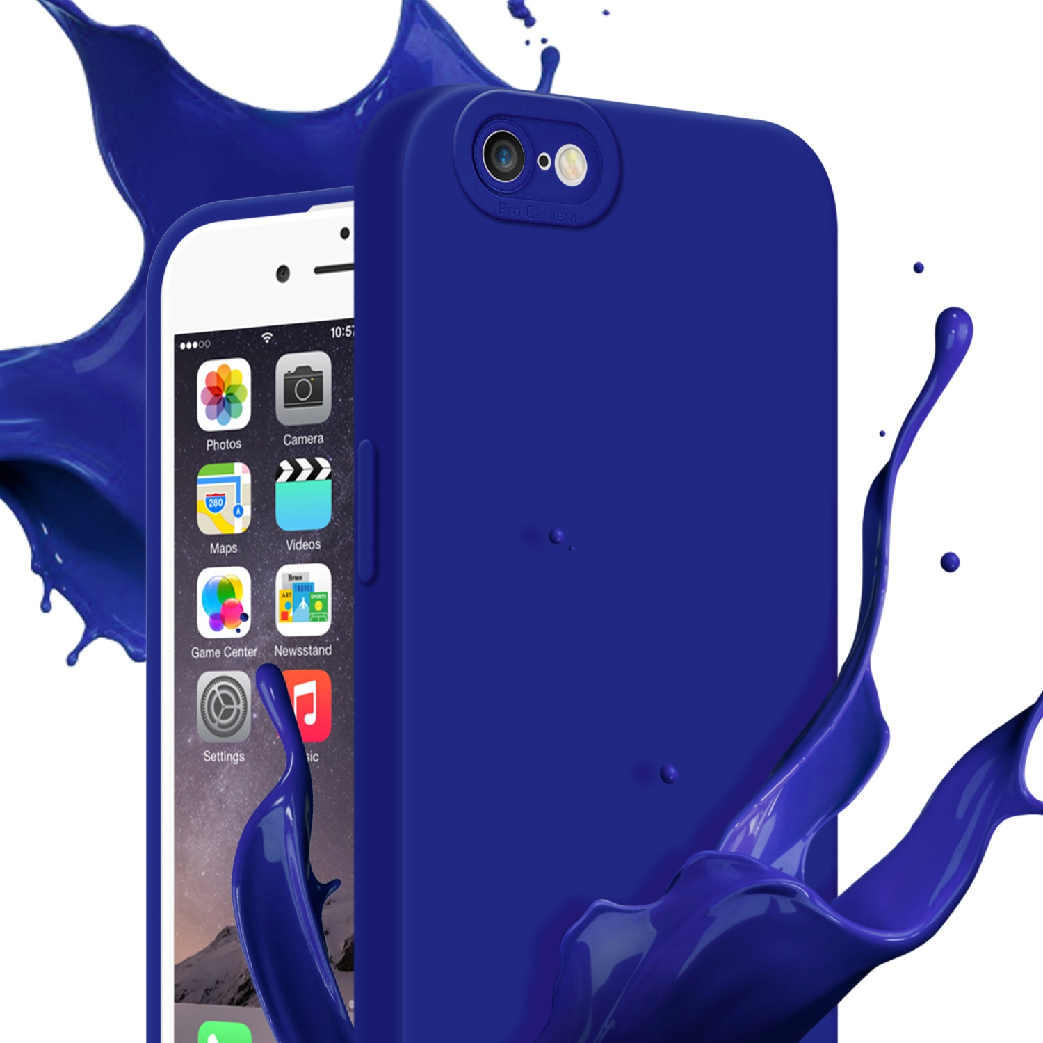 Eine blaue Handyhülle mit einem Telefon darin. Blauer Farbspritzer um das Telefon herum.