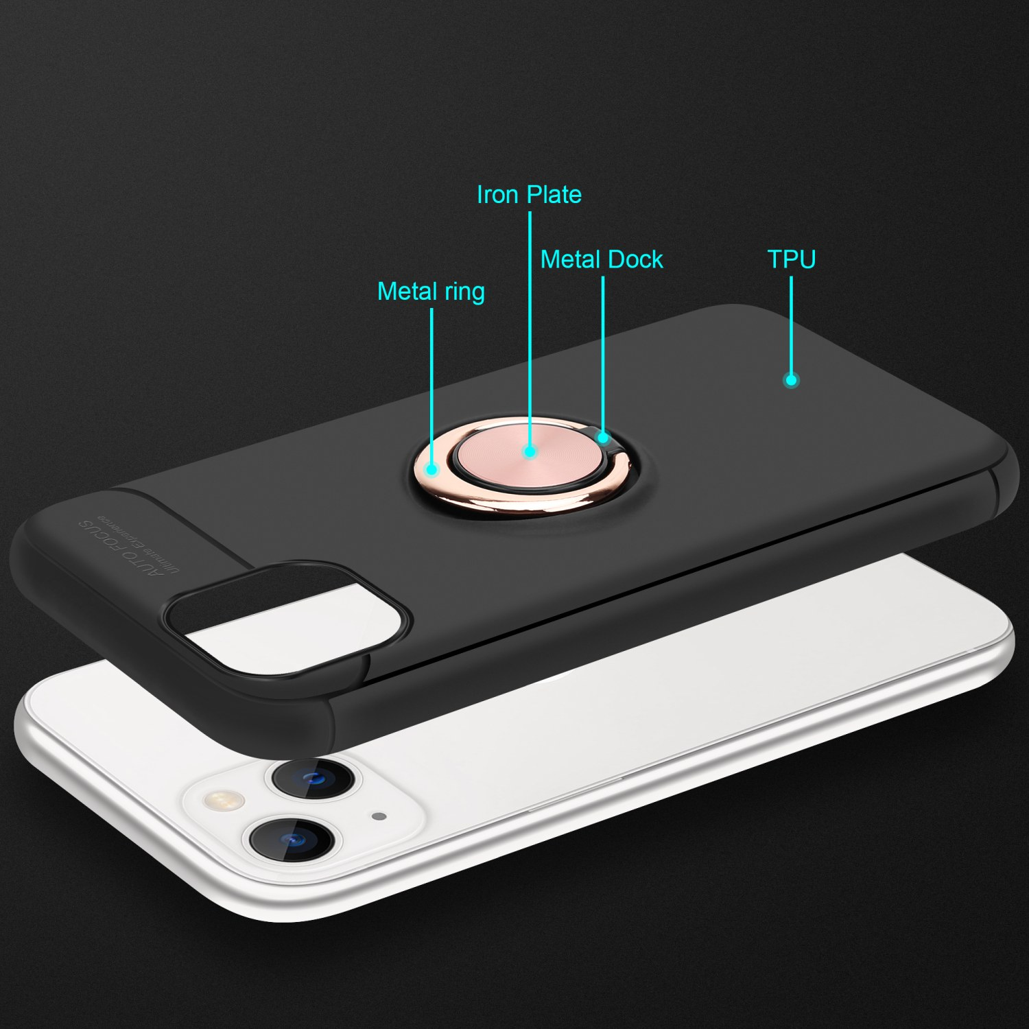 Schwarze Handyhülle mit Metallring und Telefon darunter. Etiketten zeigen auf Teile der Hülle.