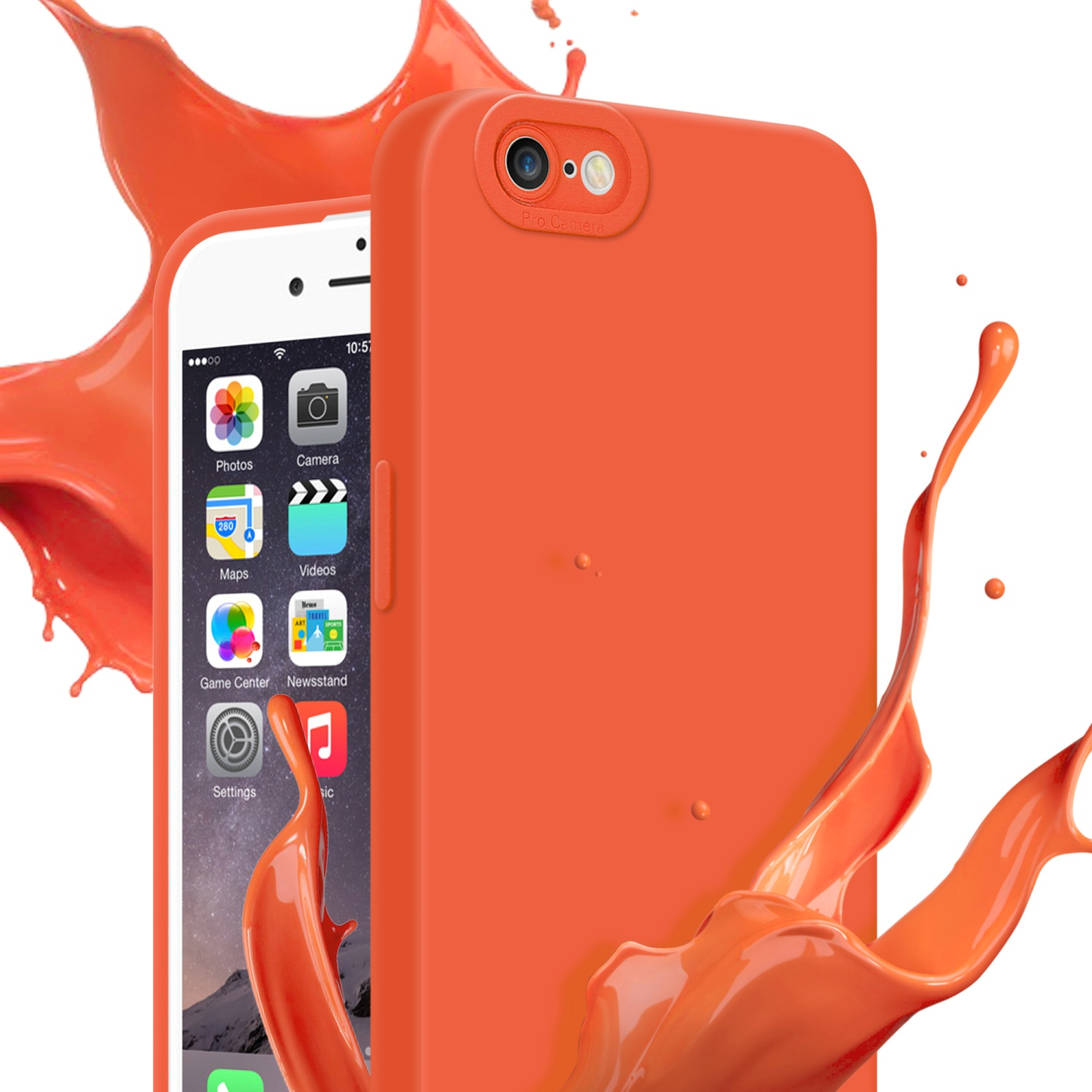 Custodia arancione con telefono, con effetto spruzzo di vernice sullo sfondo.