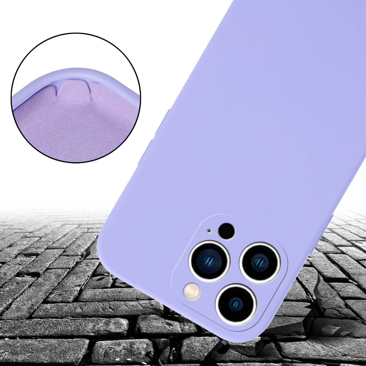 Lilafarbene Handyhülle auf Backsteinmuster-Hintergrund. Nahaufnahme zeigt Eckendetail.