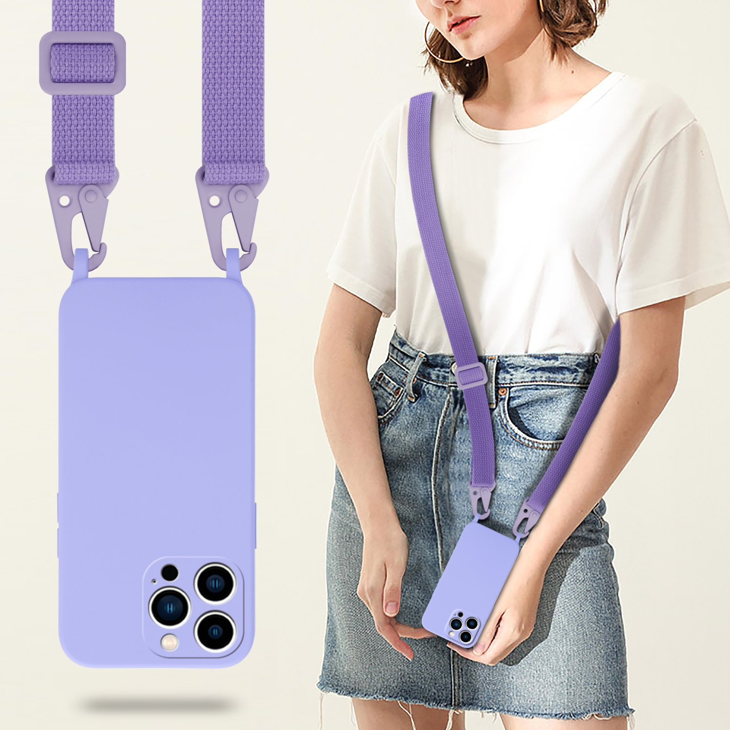 Eine Frau hält ein Telefon mit lila Hülle und Riemen. Der Hintergrund ist schlicht.