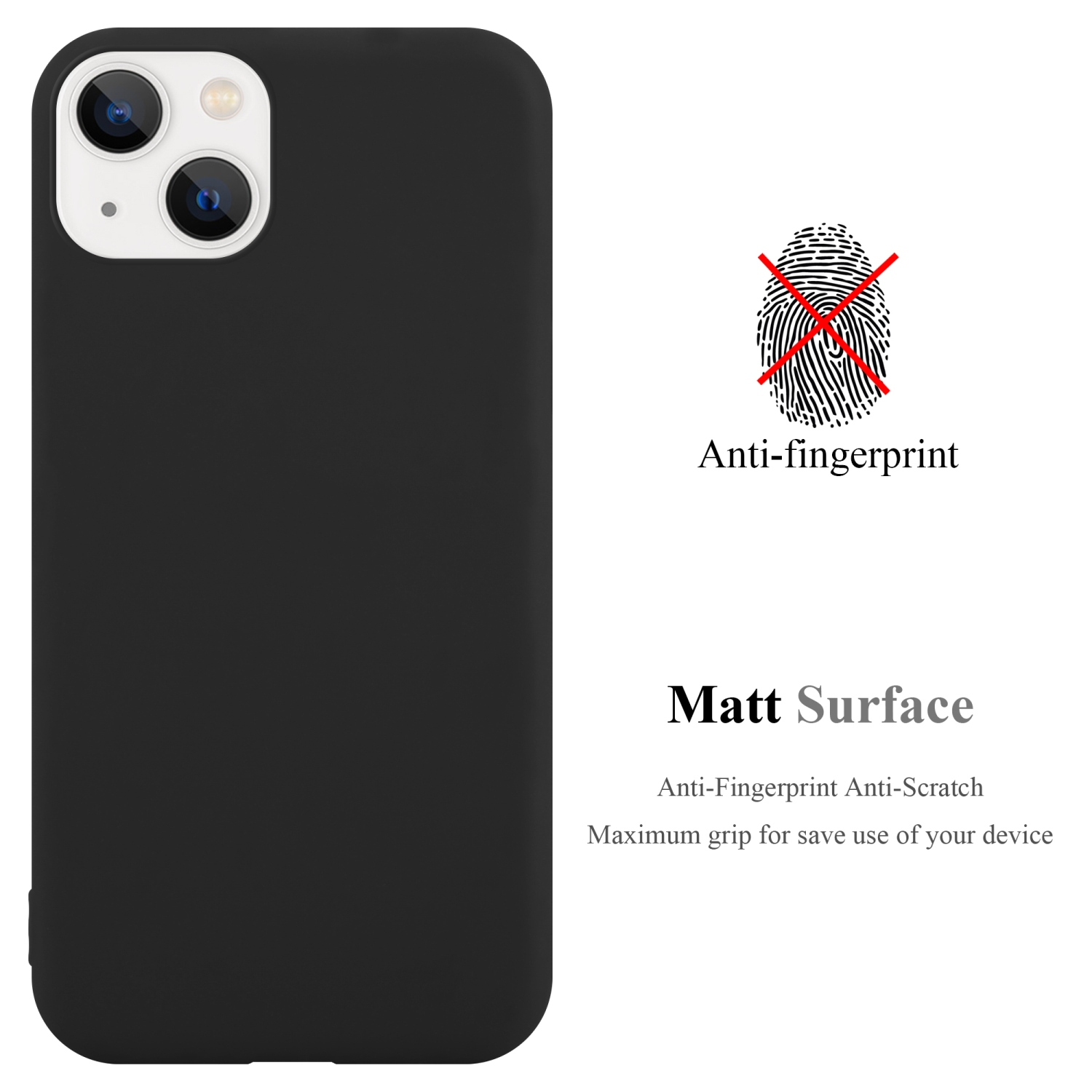 Schwarze Handyhülle mit Anti-Fingerabdruck und matter Oberfläche, mit Fingerabdruck-Kreuz.