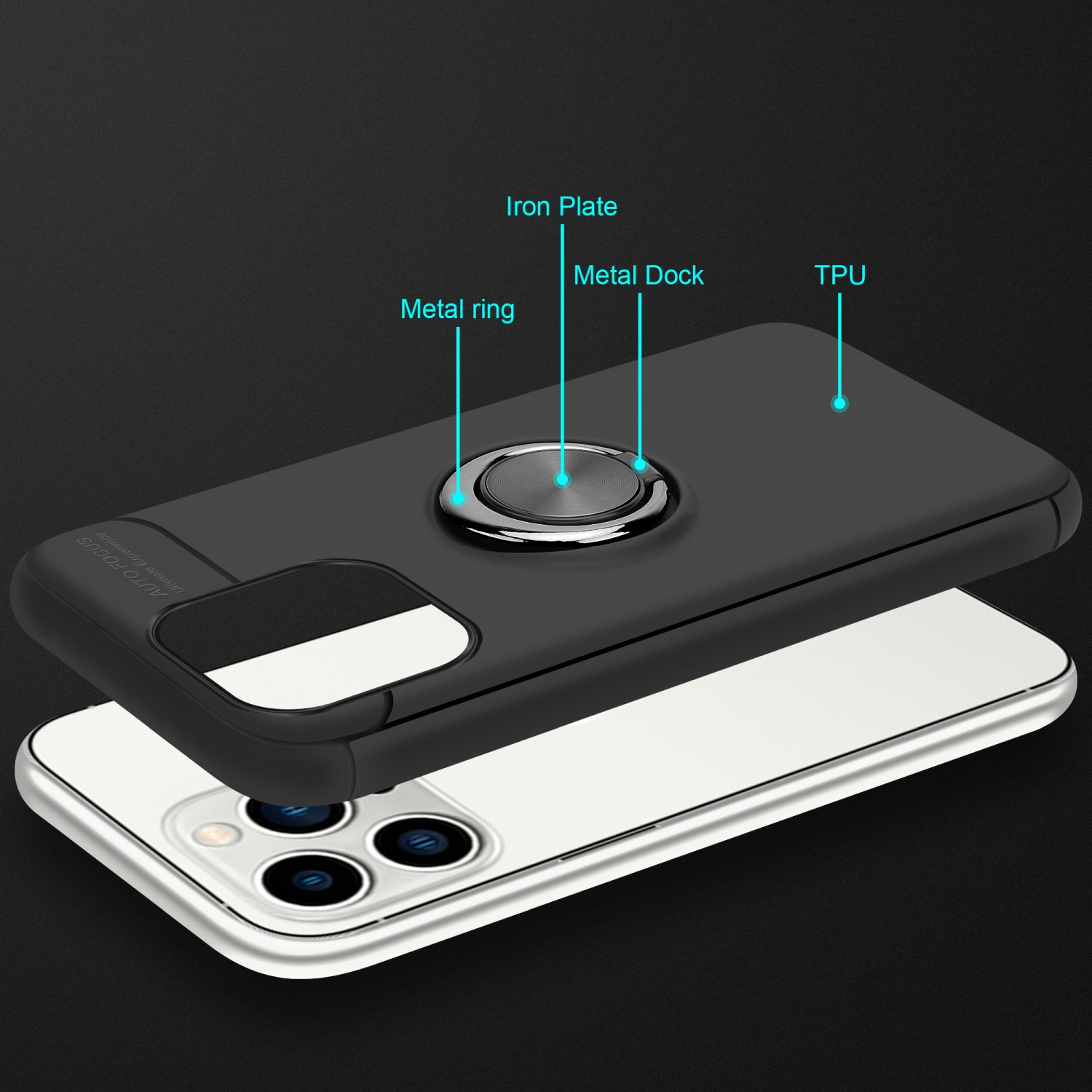 Schwarze Handyhülle mit Metallring und Metalldock. Das Telefon ist sichtbar.