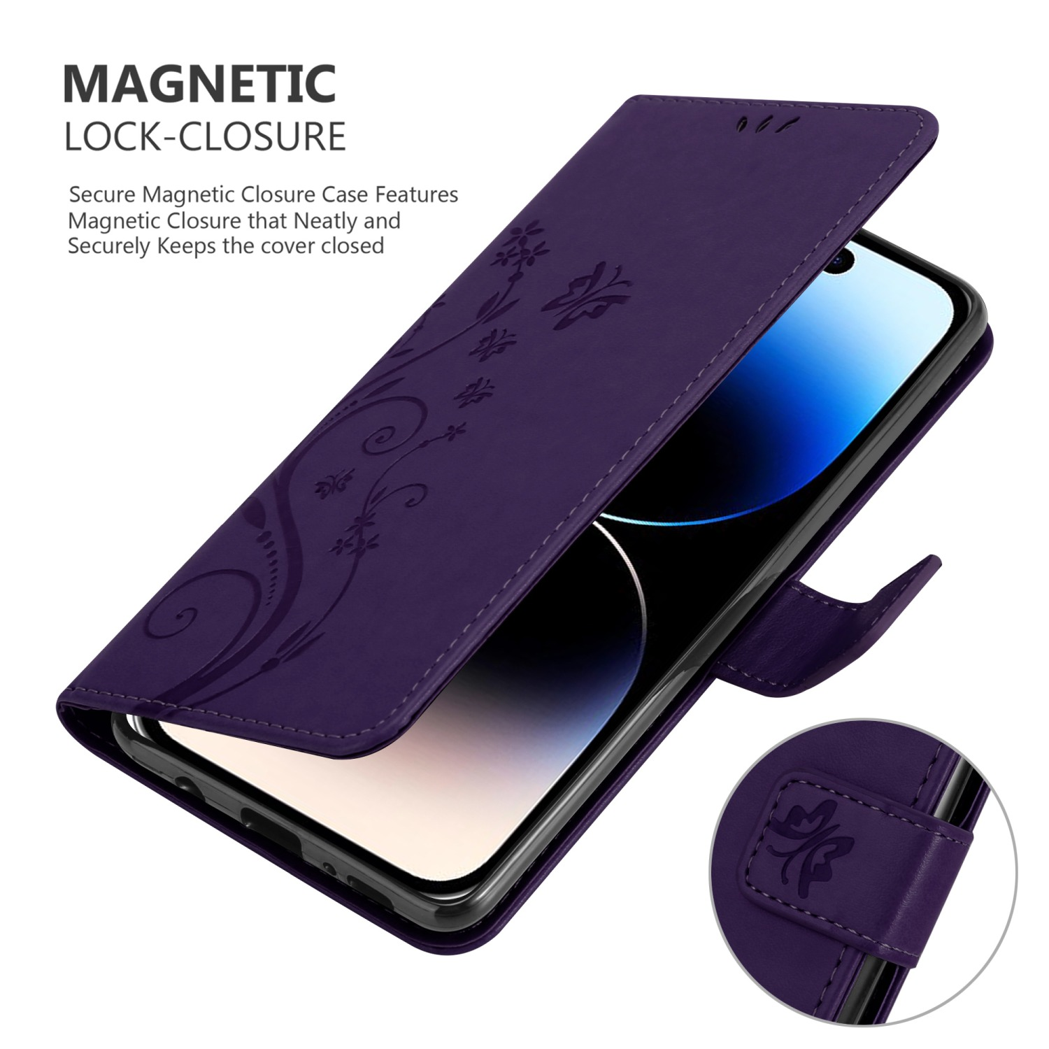 Eine dunkelviolette Handyhülle, geöffnet, zeigt ein Telefon mit floralem Design auf weißer Oberfläche.